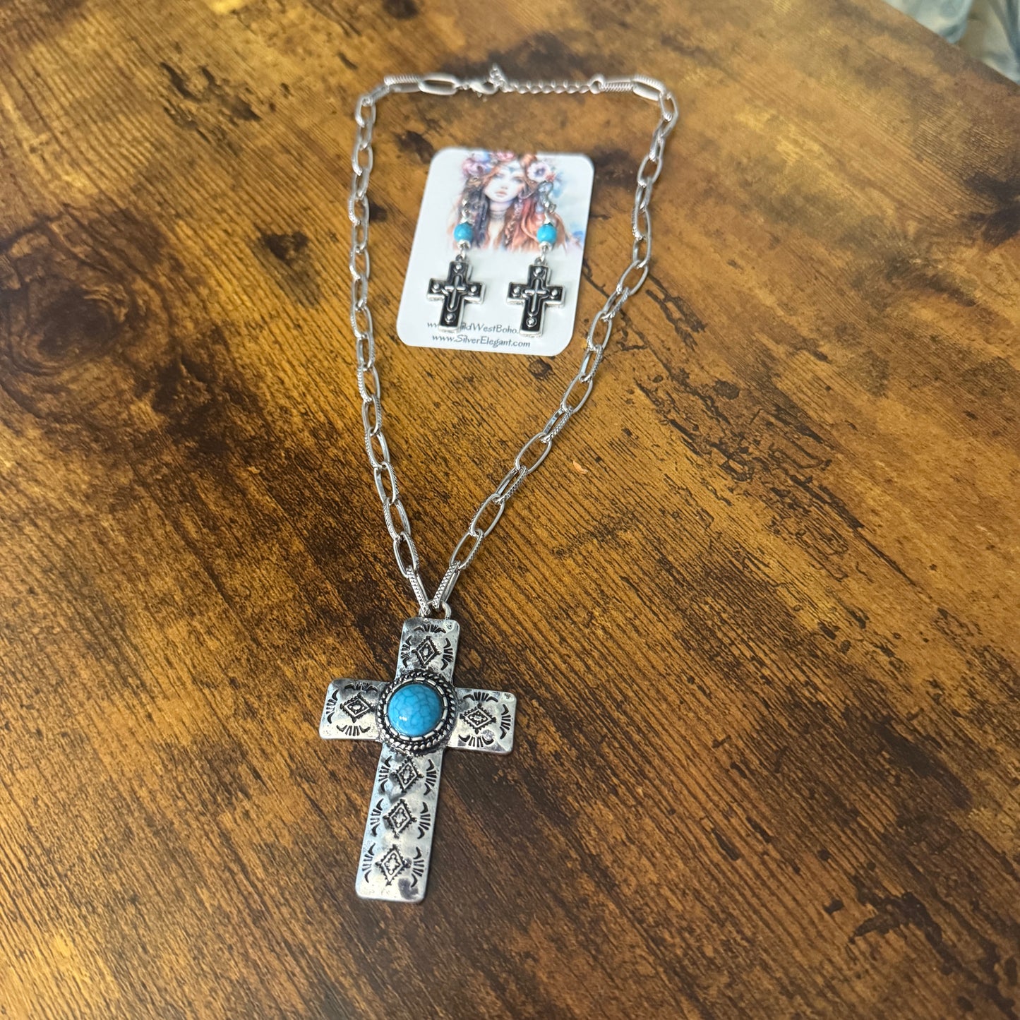 Turquoise Paperclip Chain Cross Necklace And Earring Gift Set
