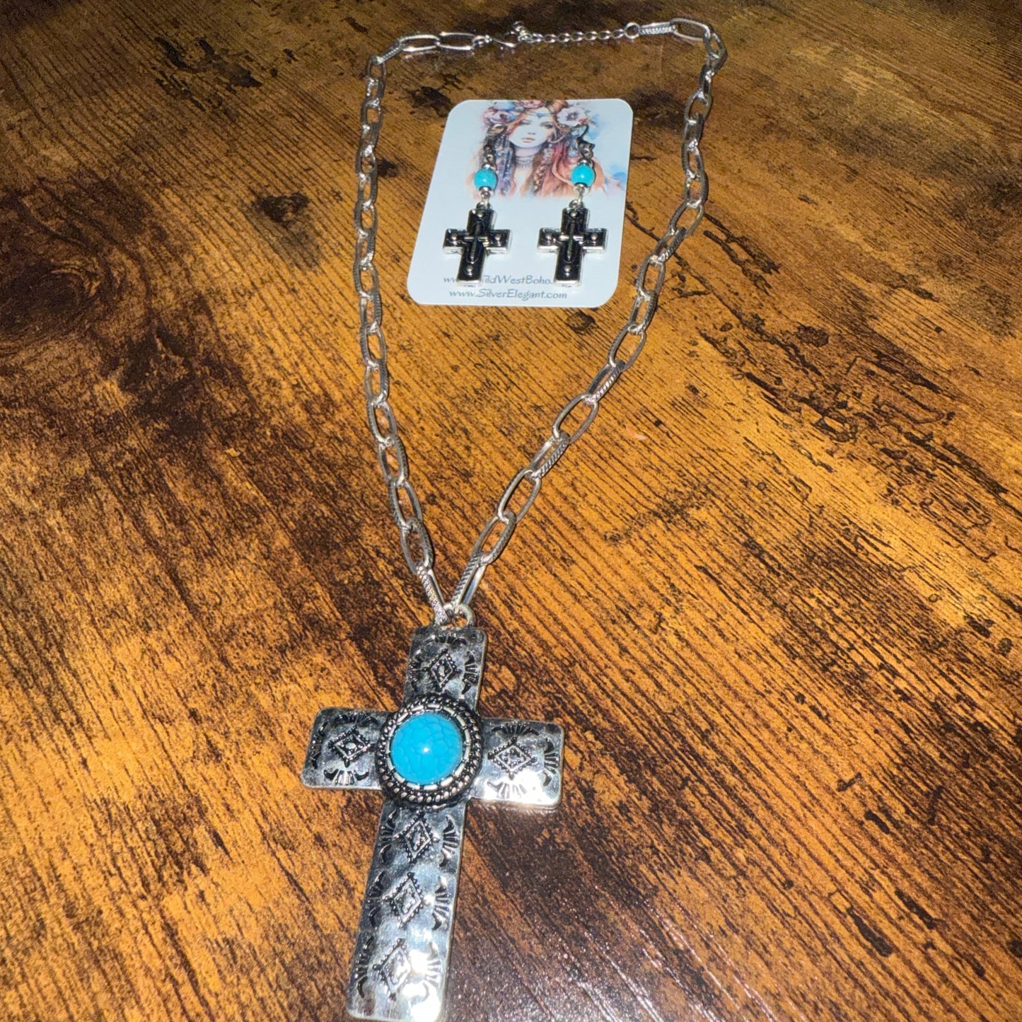 Turquoise Paperclip Chain Cross Necklace And Earring Gift Set