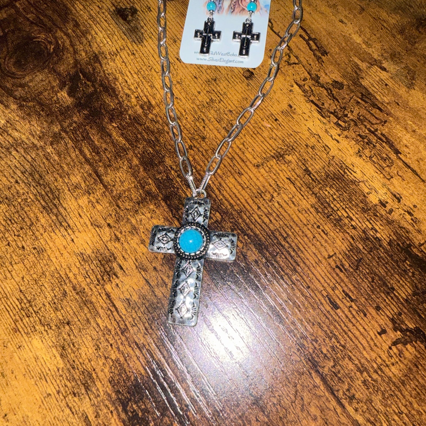 Turquoise Paperclip Chain Cross Necklace And Earring Gift Set