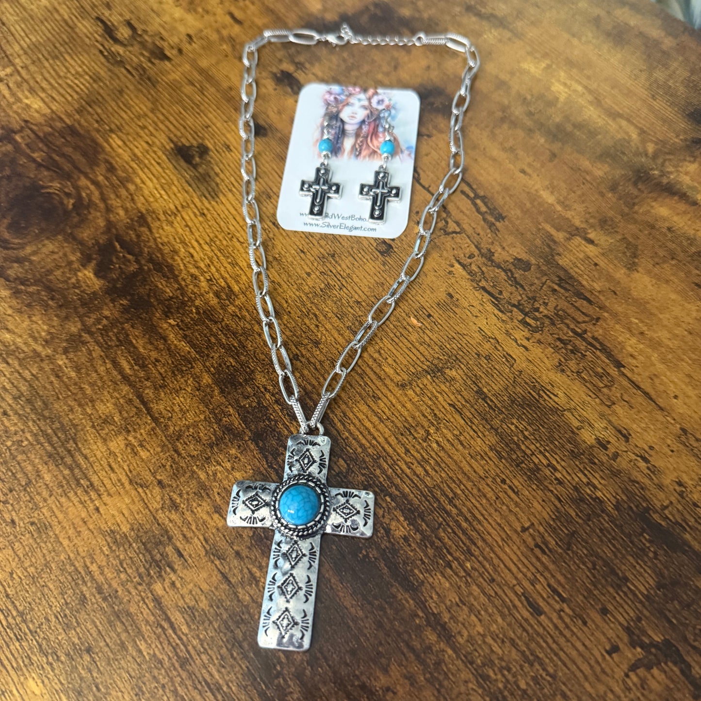 Turquoise Paperclip Chain Cross Necklace And Earring Gift Set