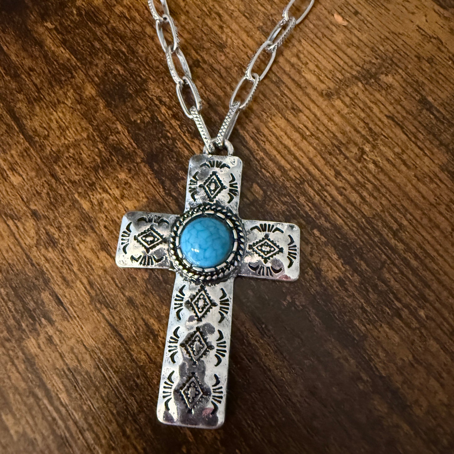 Turquoise Paperclip Chain Cross Necklace And Earring Gift Set