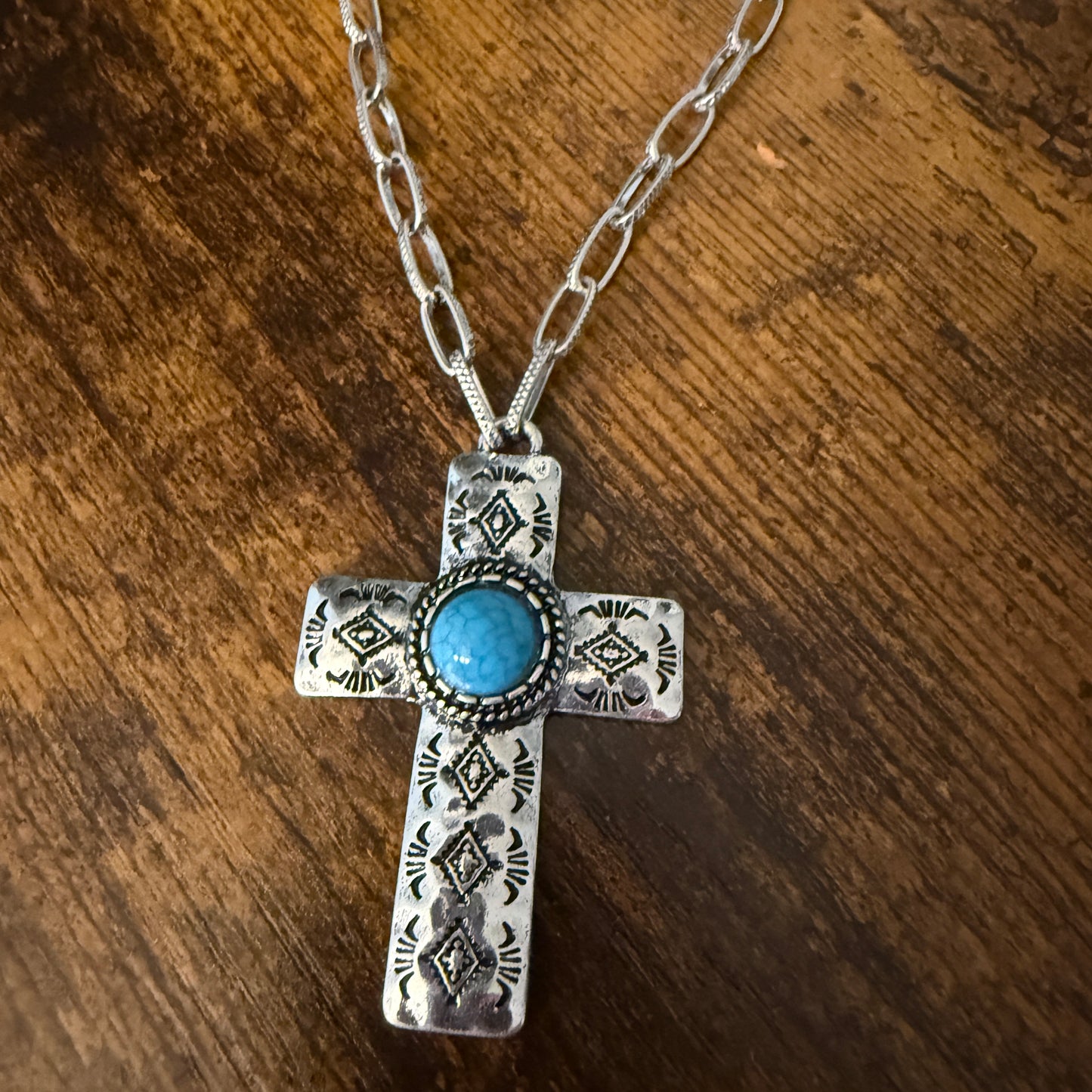 Turquoise Paperclip Chain Cross Necklace And Earring Gift Set