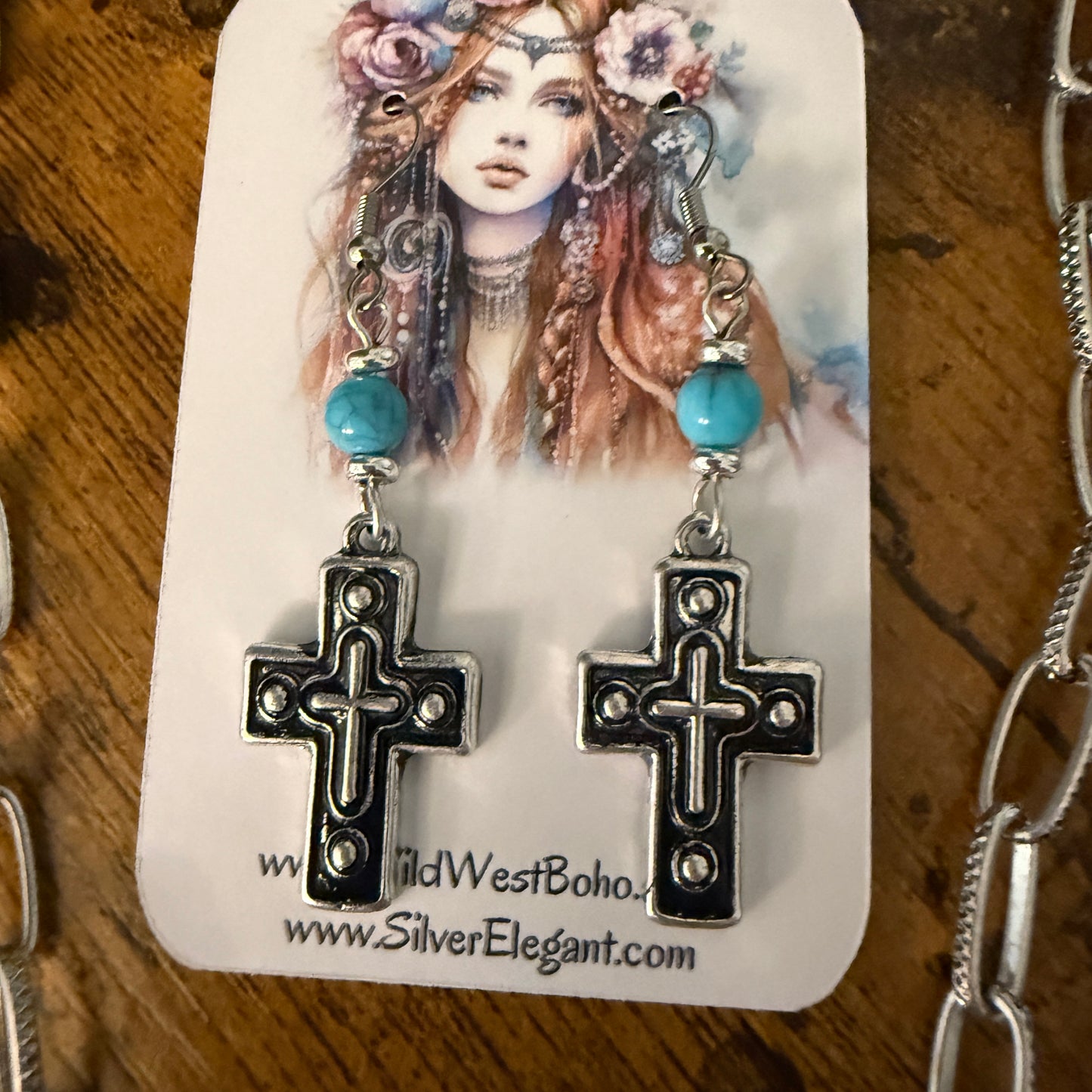 Turquoise Paperclip Chain Cross Necklace And Earring Gift Set