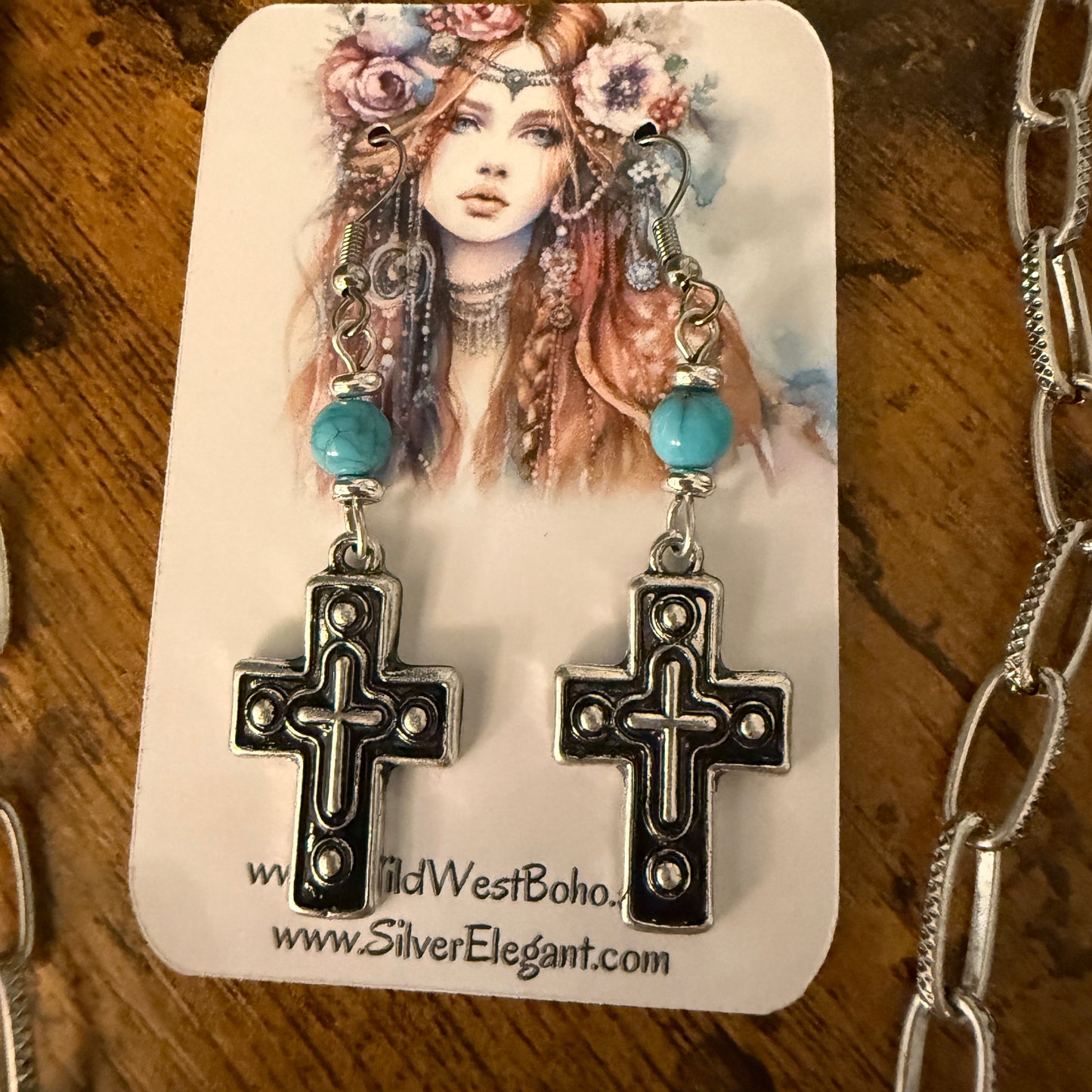 Turquoise Paperclip Chain Cross Necklace And Earring Gift Set