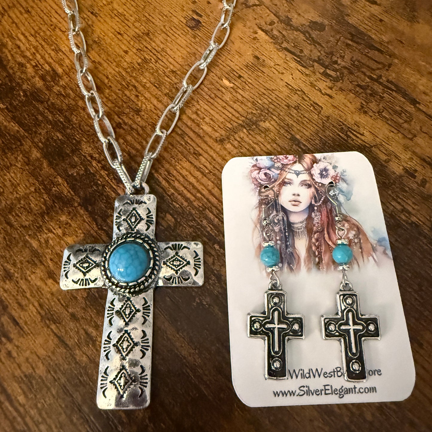 Turquoise Paperclip Chain Cross Necklace And Earring Gift Set