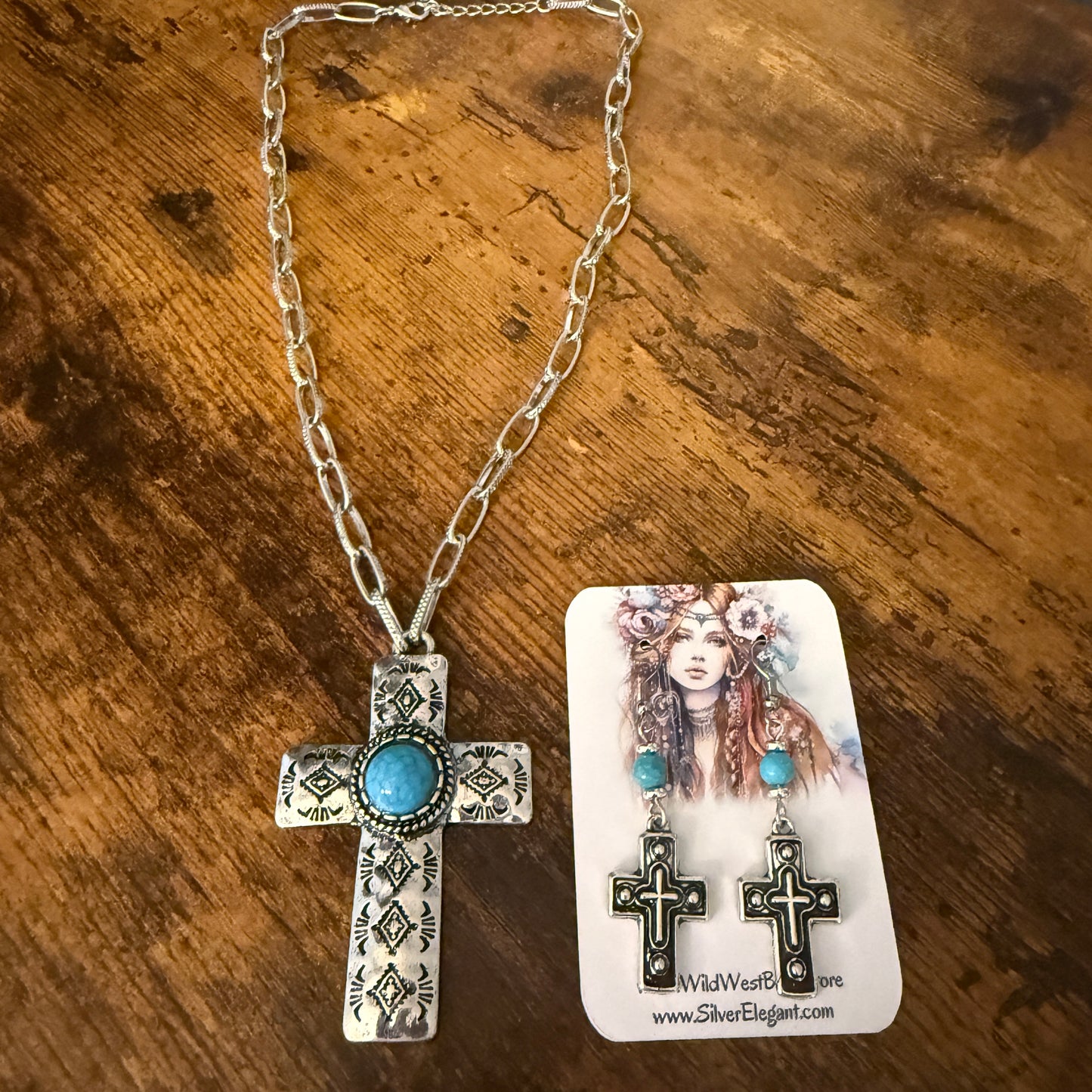 Turquoise Paperclip Chain Cross Necklace And Earring Gift Set