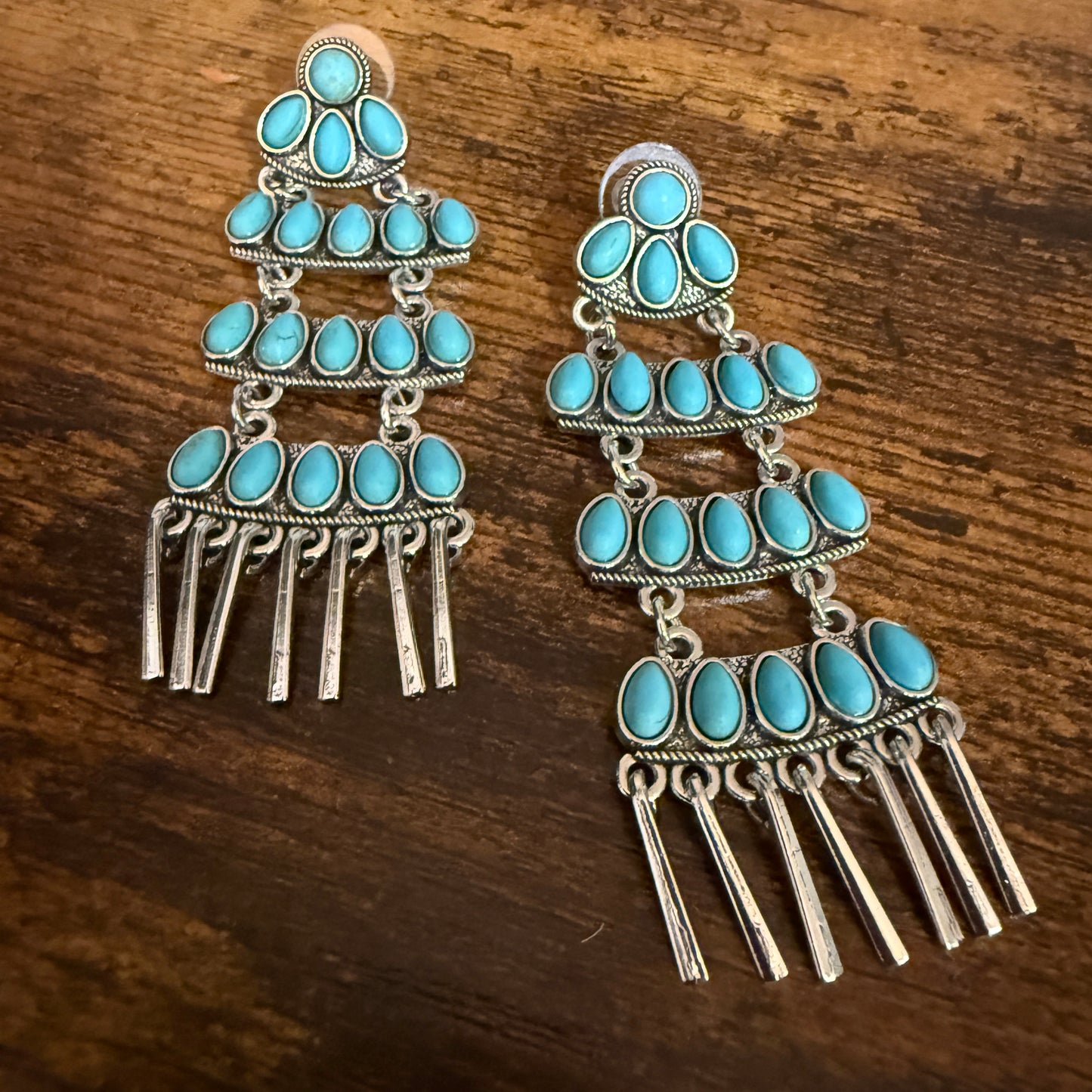 Navajo Style Turquoise Cluster Drop Stud Earrings Sterling Silver 3.5 Inches