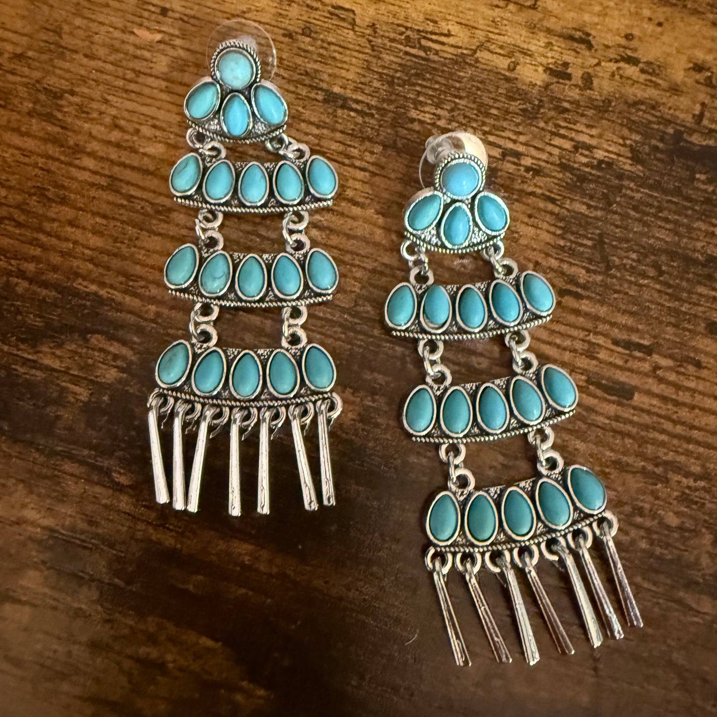 Navajo Style Turquoise Cluster Drop Stud Earrings Sterling Silver 3.5 Inches