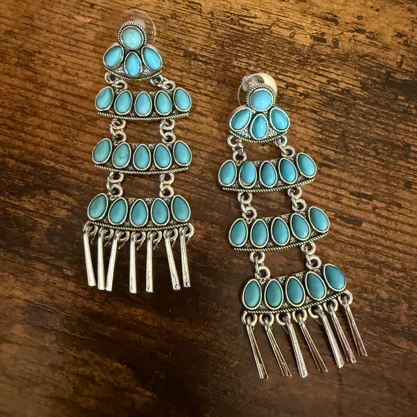 Navajo Style Turquoise Cluster Drop Stud Earrings Sterling Silver 3.5 Inches