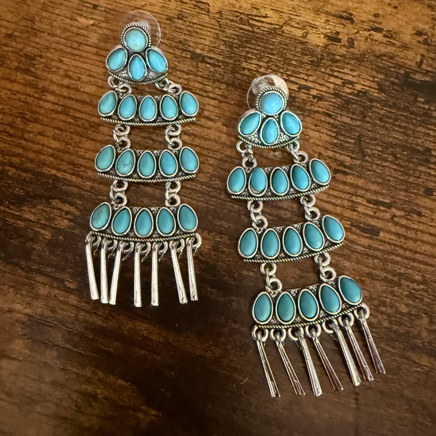 Navajo Style Turquoise Cluster Drop Stud Earrings Sterling Silver 3.5 Inches