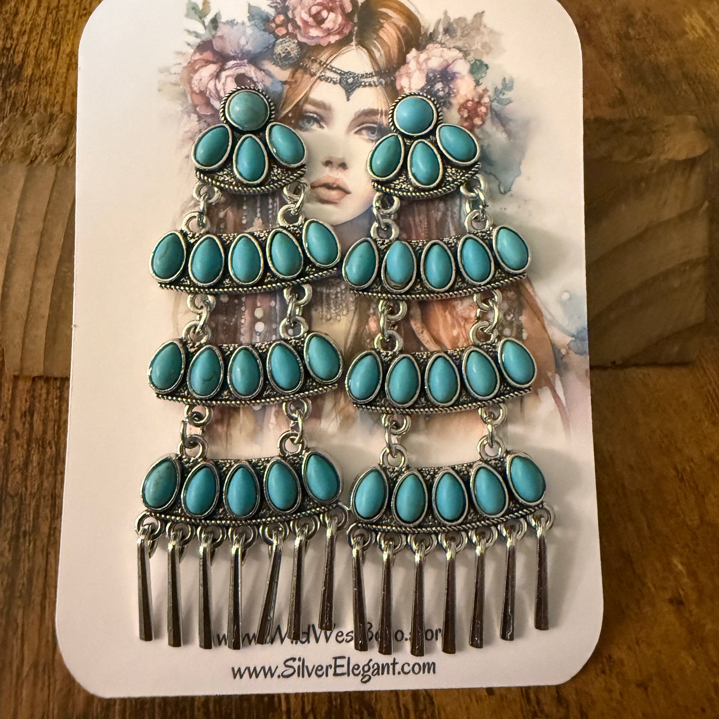 Navajo Style Turquoise Cluster Drop Stud Earrings Sterling Silver 3.5 Inches