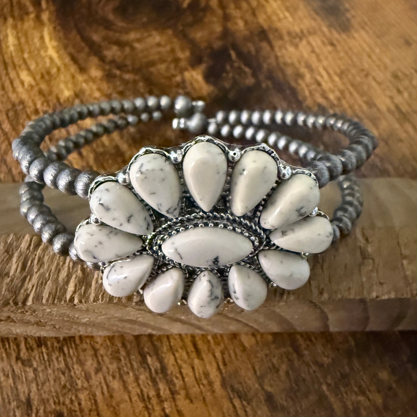Handcrafted Cowgirl Faux White Stone Cluster Silver Pearl Bangle Bracelet