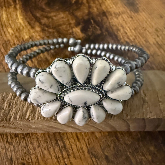 Handcrafted Cowgirl Faux White Stone Cluster Silver Pearl Bangle Bracelet