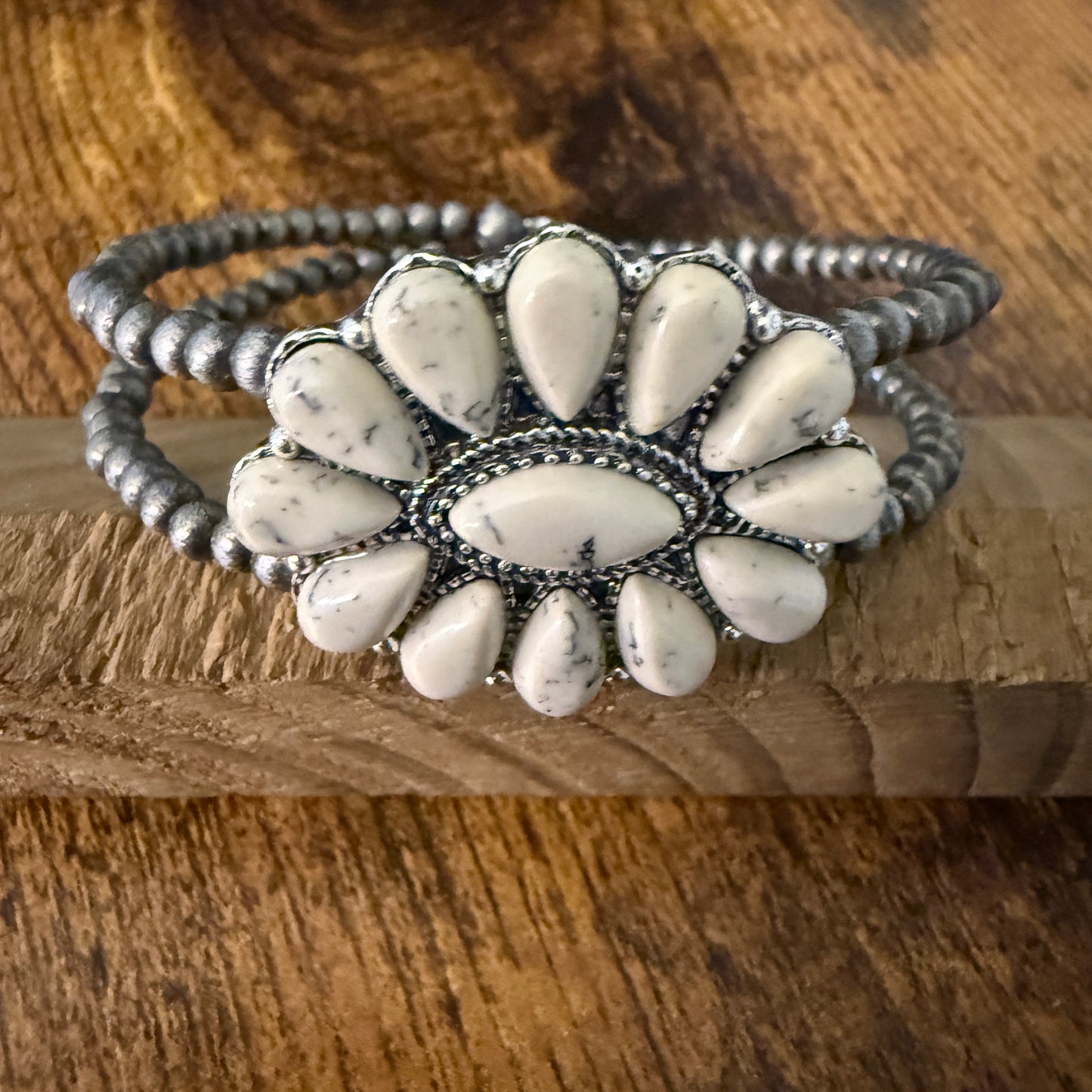 Handcrafted Cowgirl Faux White Stone Cluster Silver Pearl Bangle Bracelet