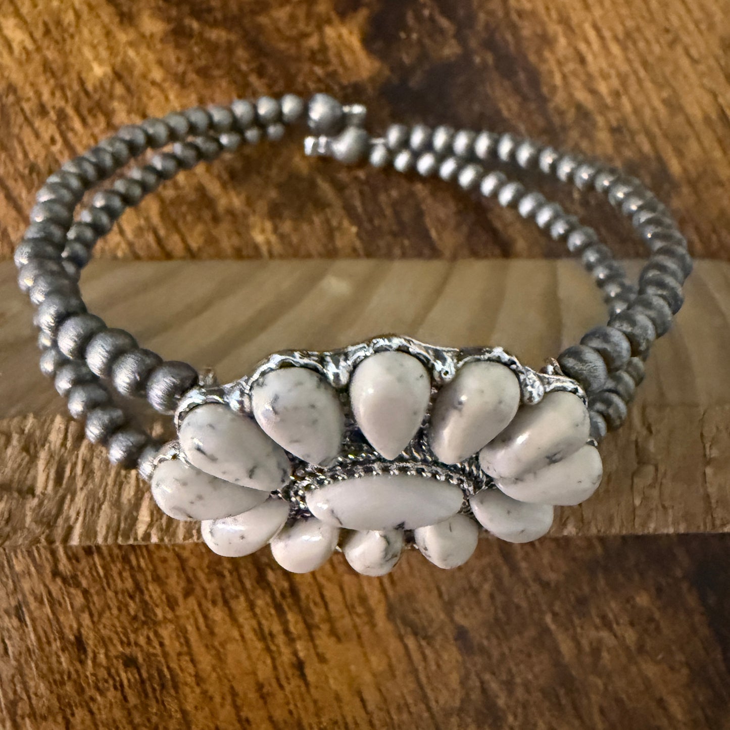 Handcrafted Cowgirl Faux White Stone Cluster Silver Pearl Bangle Bracelet