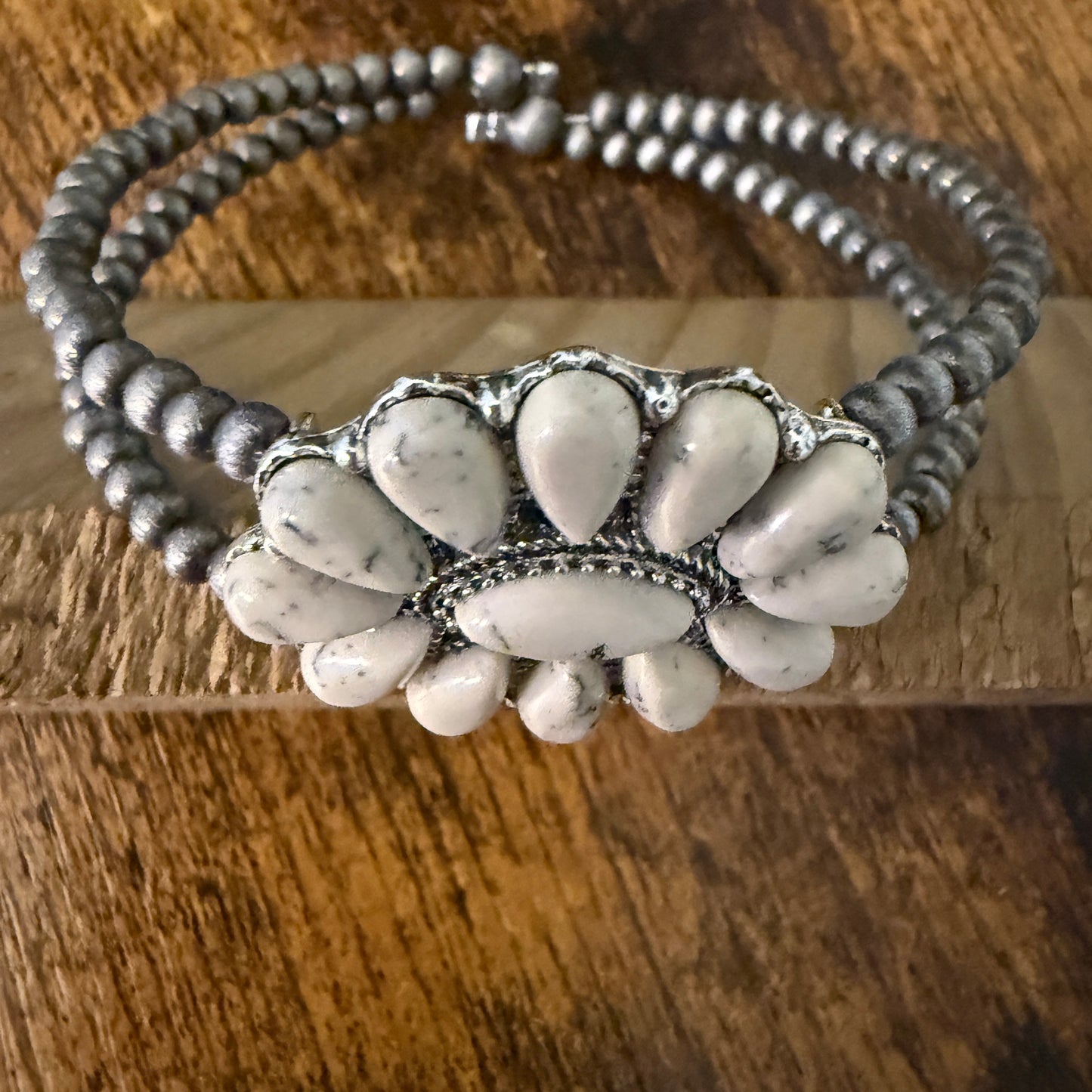 Handcrafted Cowgirl Faux White Stone Cluster Silver Pearl Bangle Bracelet
