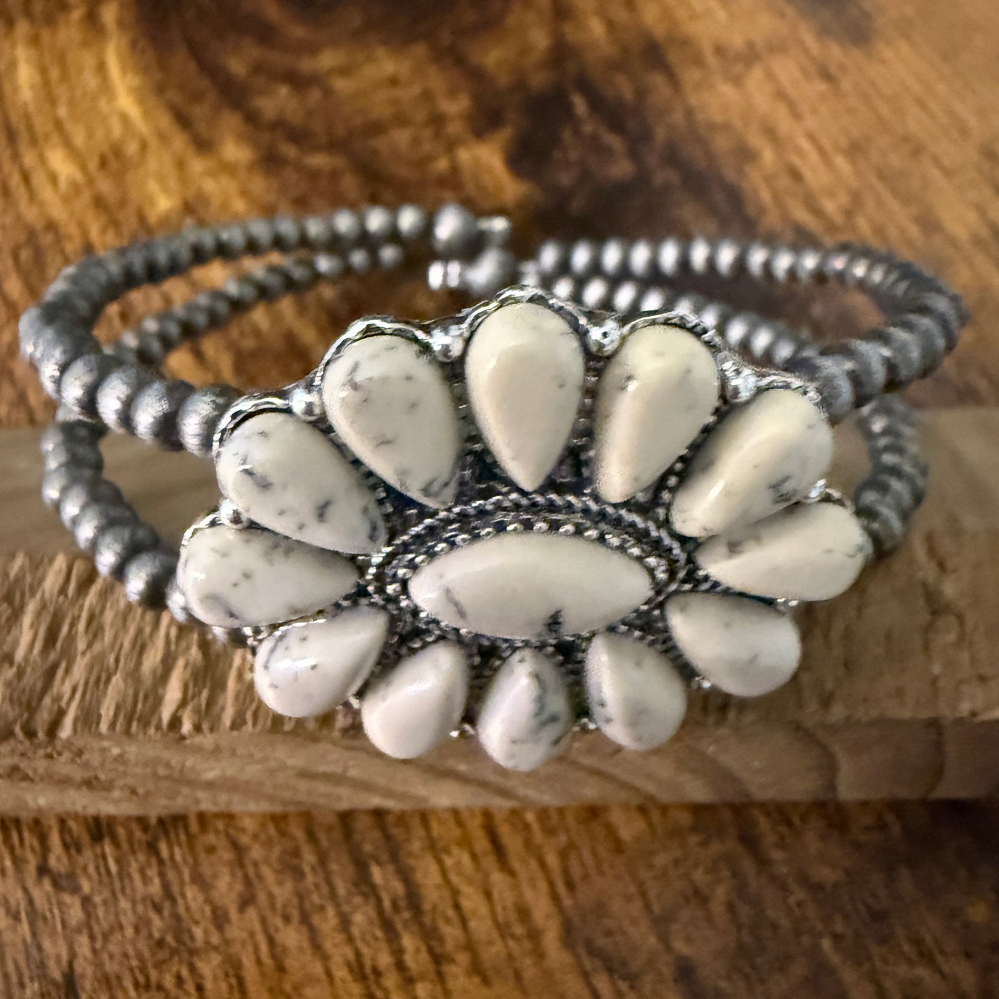 Handcrafted Cowgirl Faux White Stone Cluster Silver Pearl Bangle Bracelet