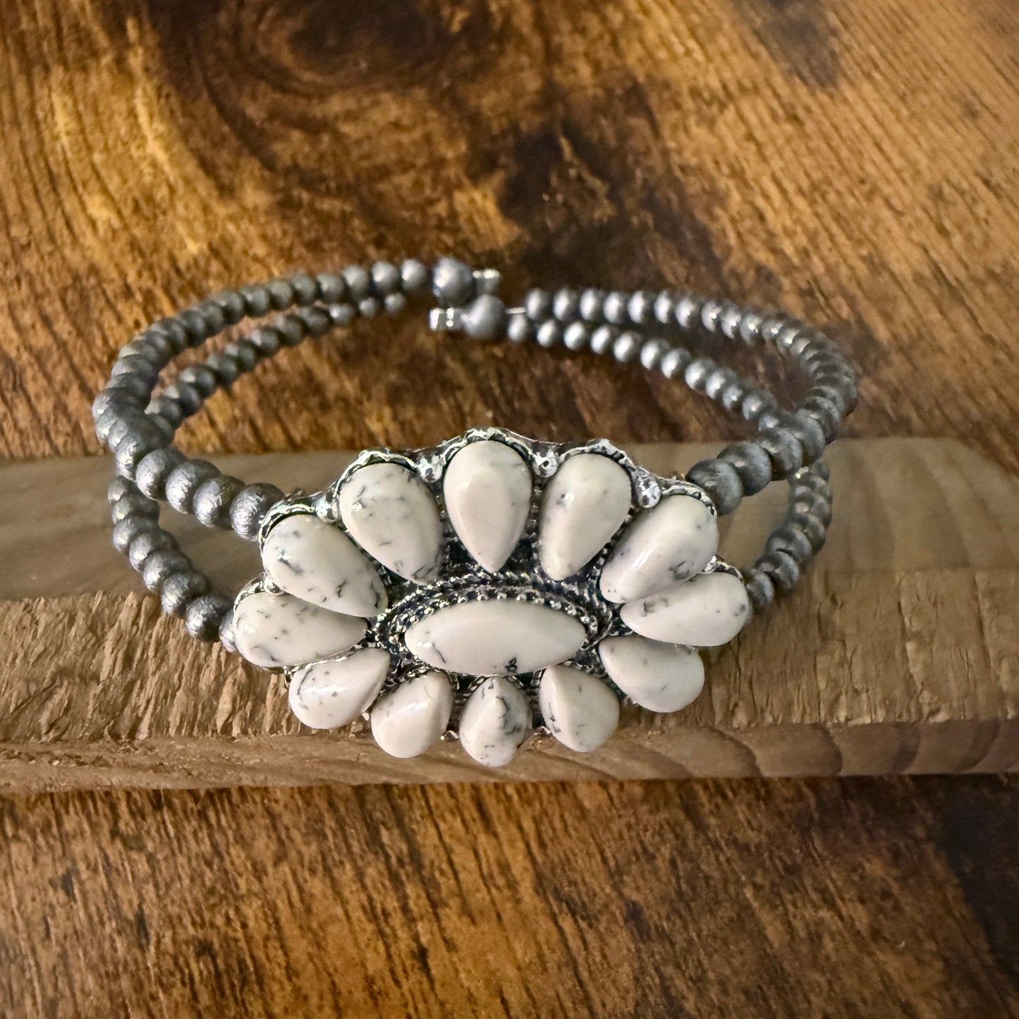 Handcrafted Cowgirl Faux White Stone Cluster Silver Pearl Bangle Bracelet