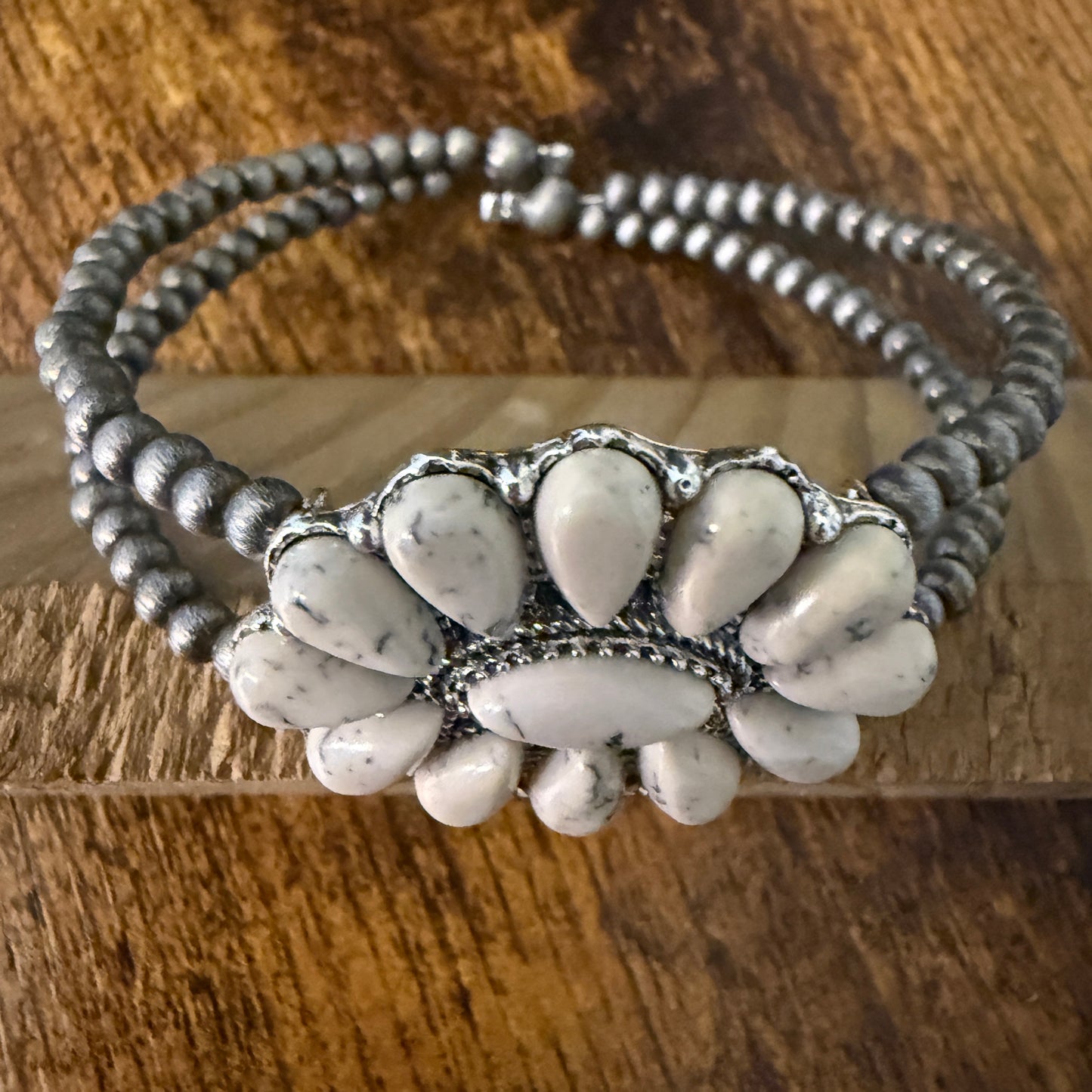 Handcrafted Cowgirl Faux White Stone Cluster Silver Pearl Bangle Bracelet