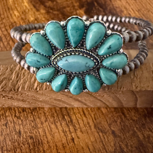 Handcrafted Cowgirl Faux Turquoise Stone Cluster Silver Pearl Bangle Bracelet