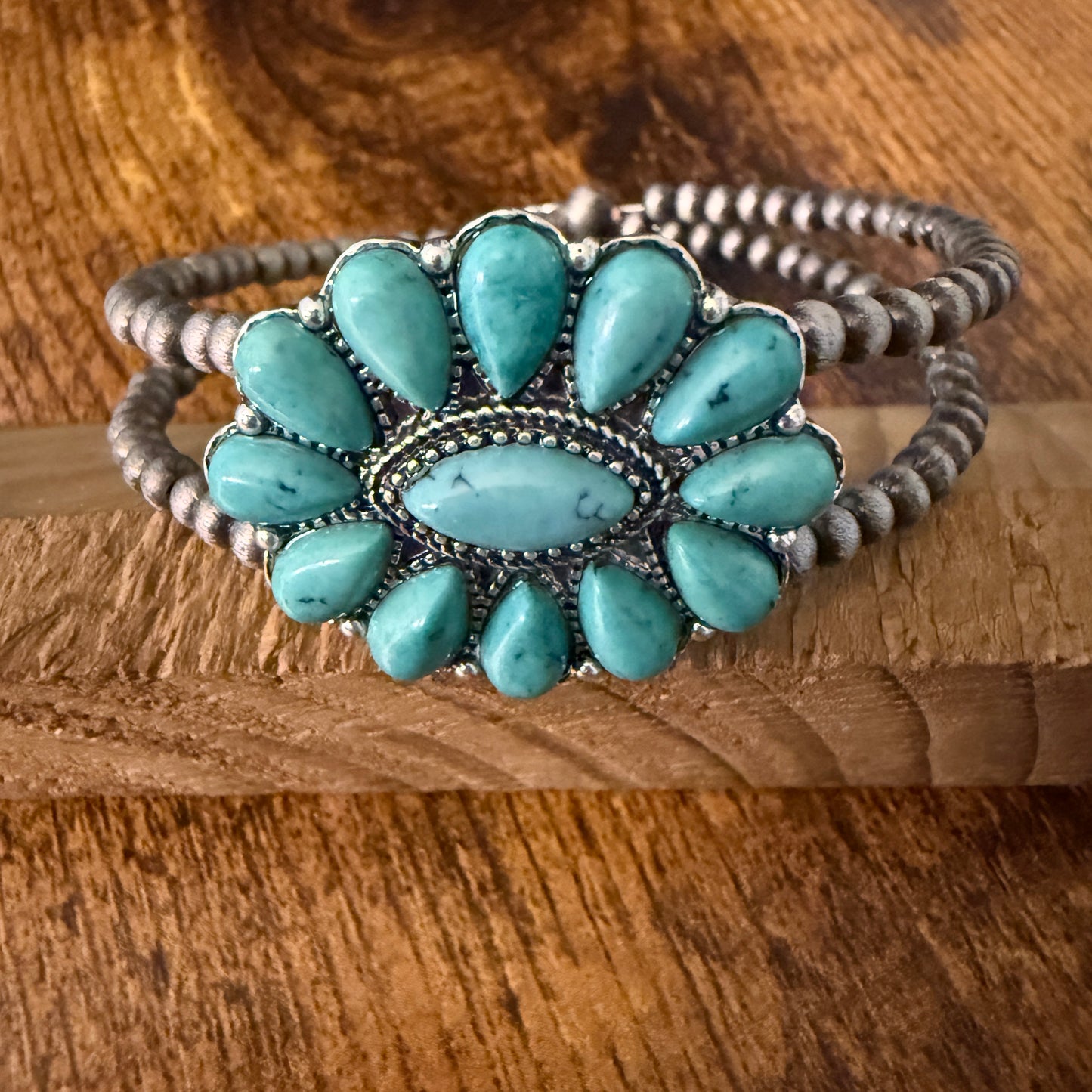 Handcrafted Cowgirl Faux Turquoise Stone Cluster Silver Pearl Bangle Bracelet