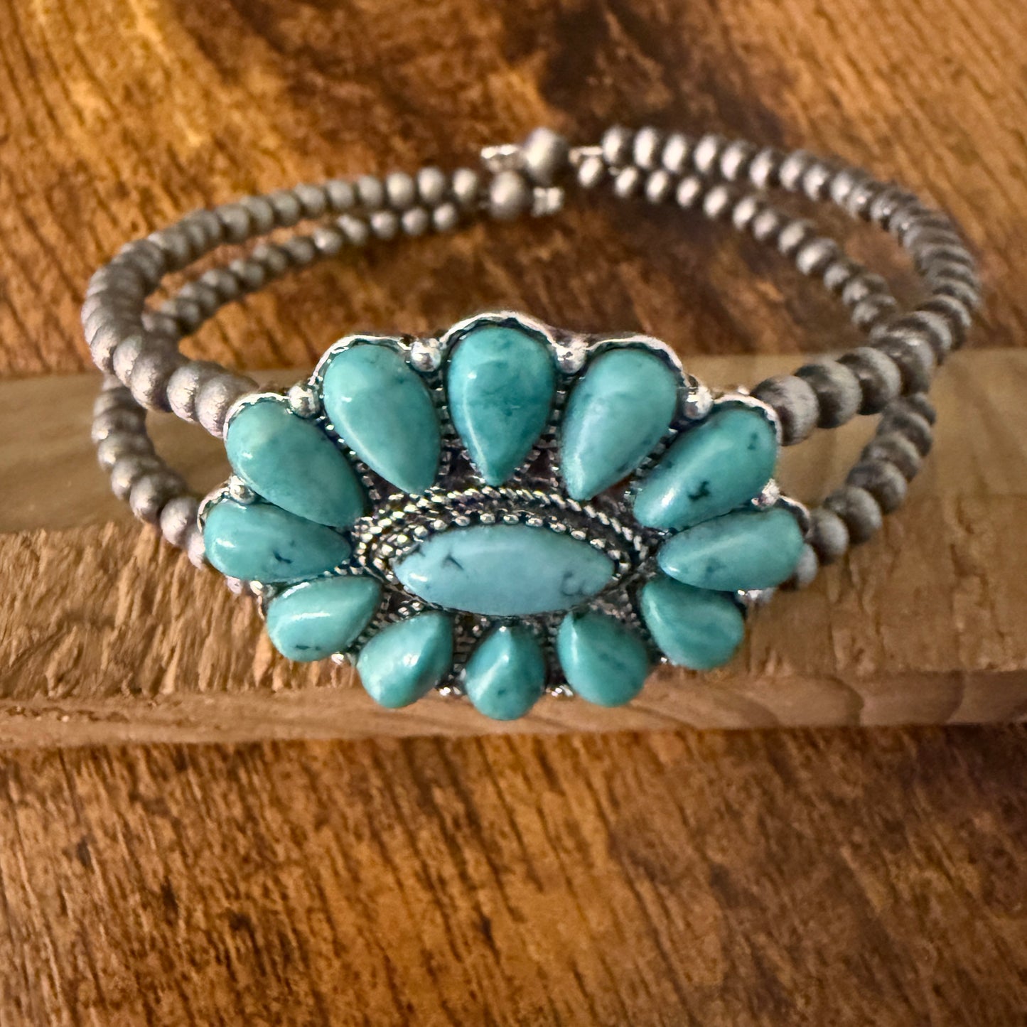 Handcrafted Cowgirl Faux Turquoise Stone Cluster Silver Pearl Bangle Bracelet