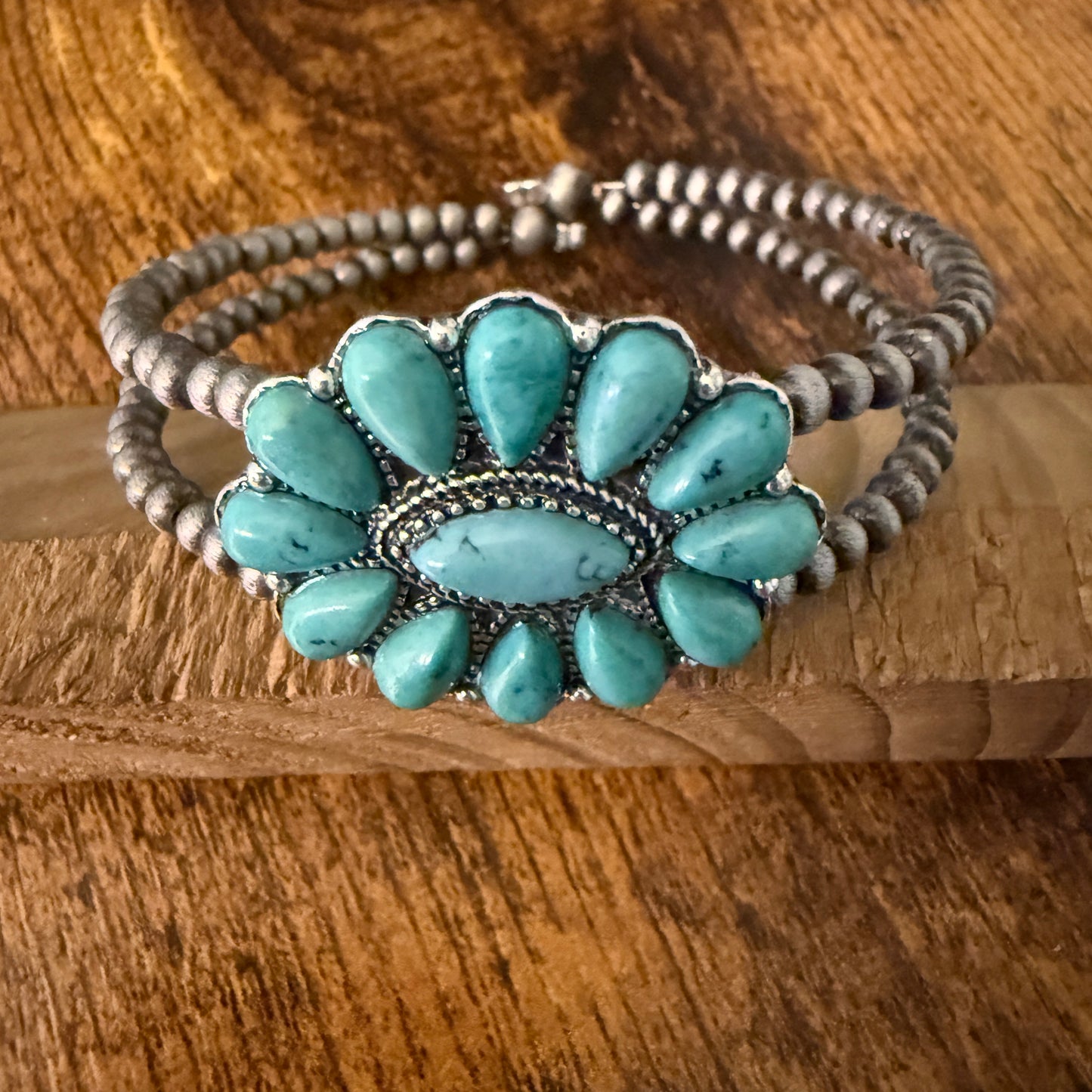 Handcrafted Cowgirl Faux Turquoise Stone Cluster Silver Pearl Bangle Bracelet