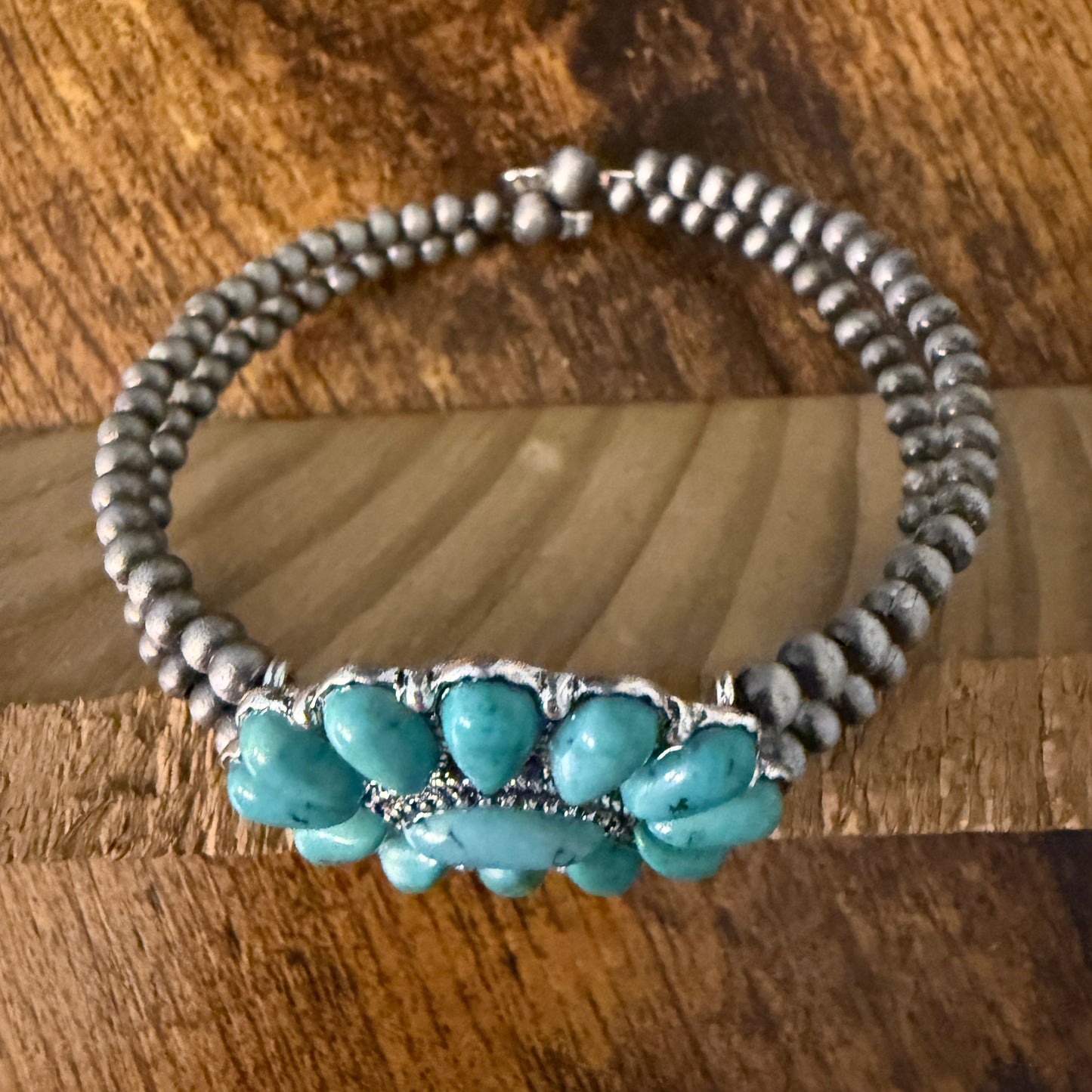 Handcrafted Cowgirl Faux Turquoise Stone Cluster Silver Pearl Bangle Bracelet