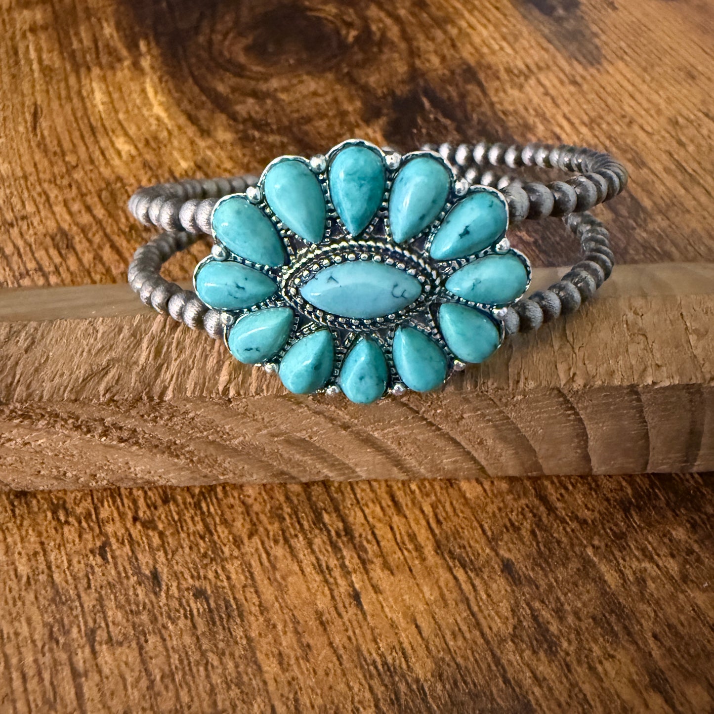 Handcrafted Cowgirl Faux Turquoise Stone Cluster Silver Pearl Bangle Bracelet