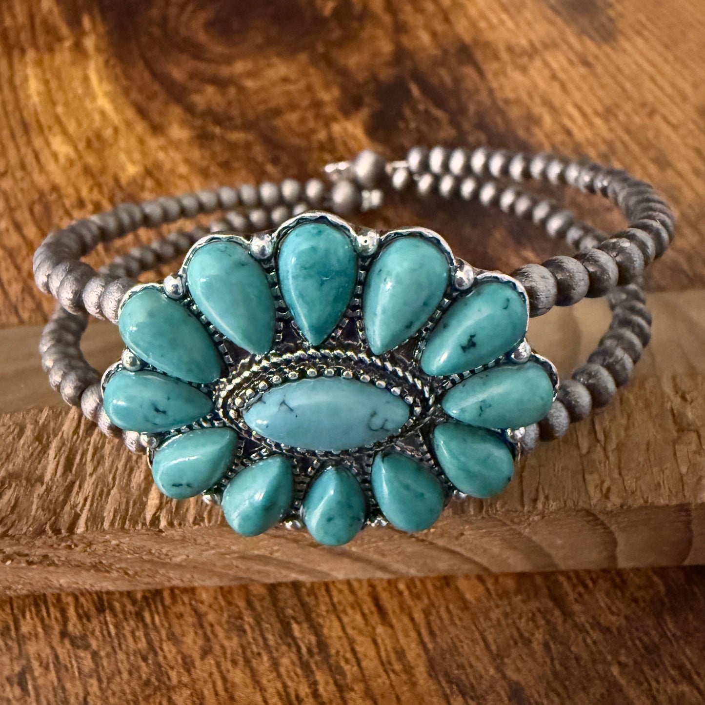 Handcrafted Cowgirl Faux Turquoise Stone Cluster Silver Pearl Bangle Bracelet