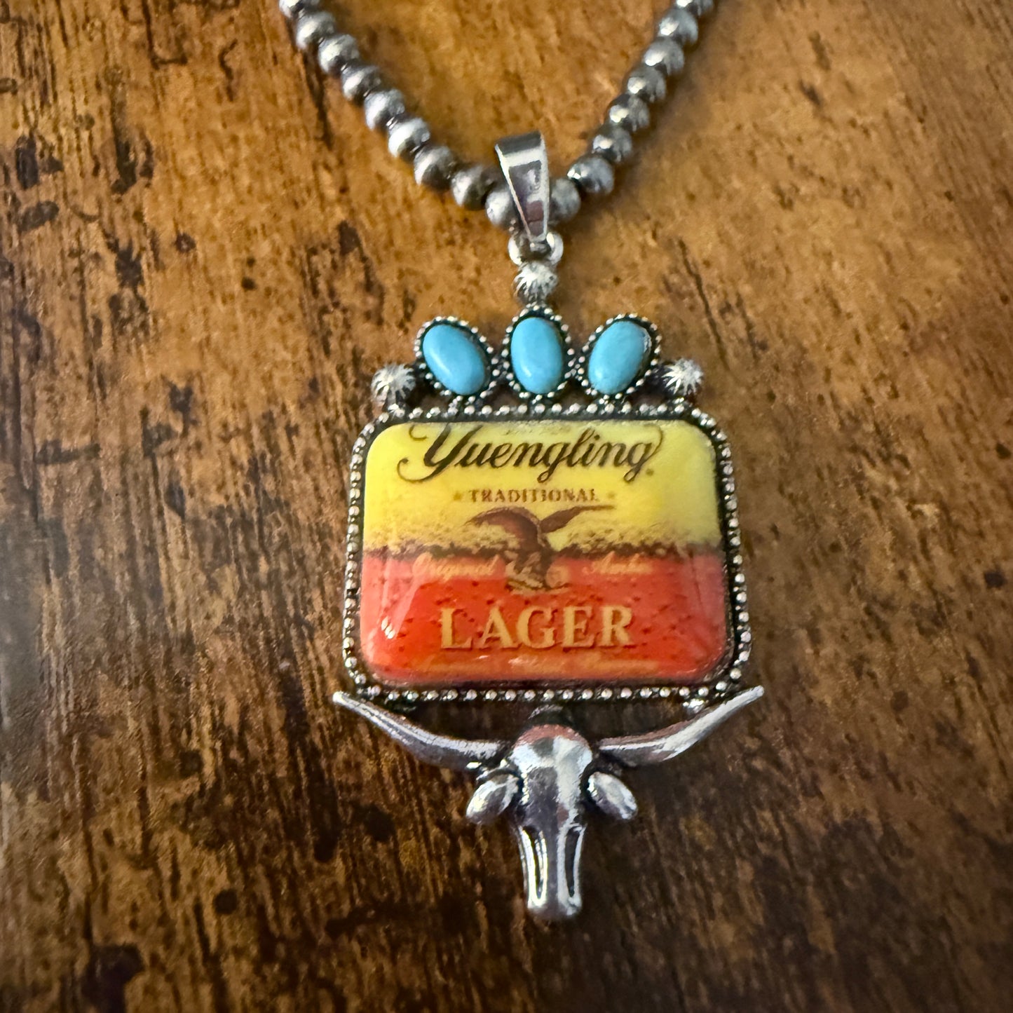 Yuengling Beer Cowgirl Western 4mm Silver Pearl Beads Choker Necklace