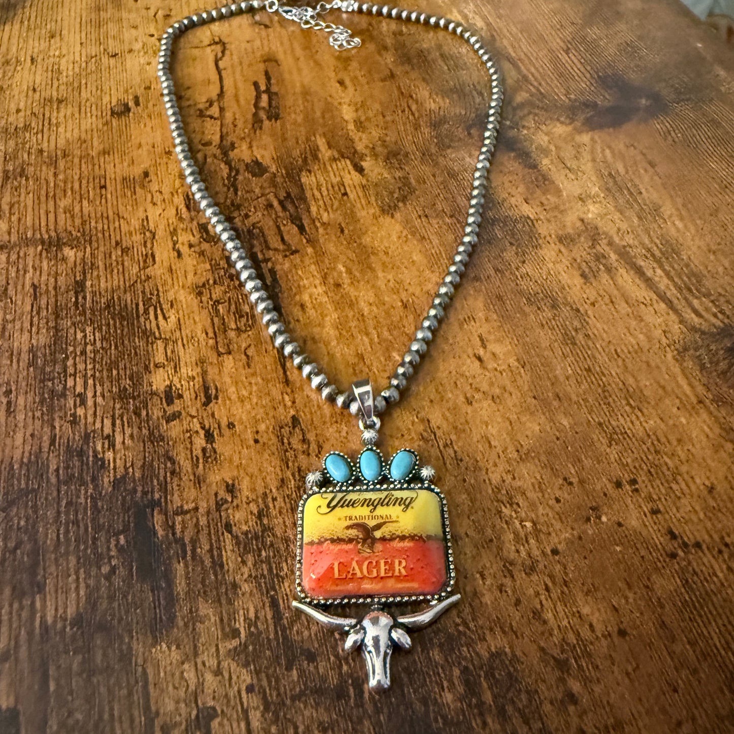 Yuengling Beer Cowgirl Western 4mm Silver Pearl Beads Choker Necklace