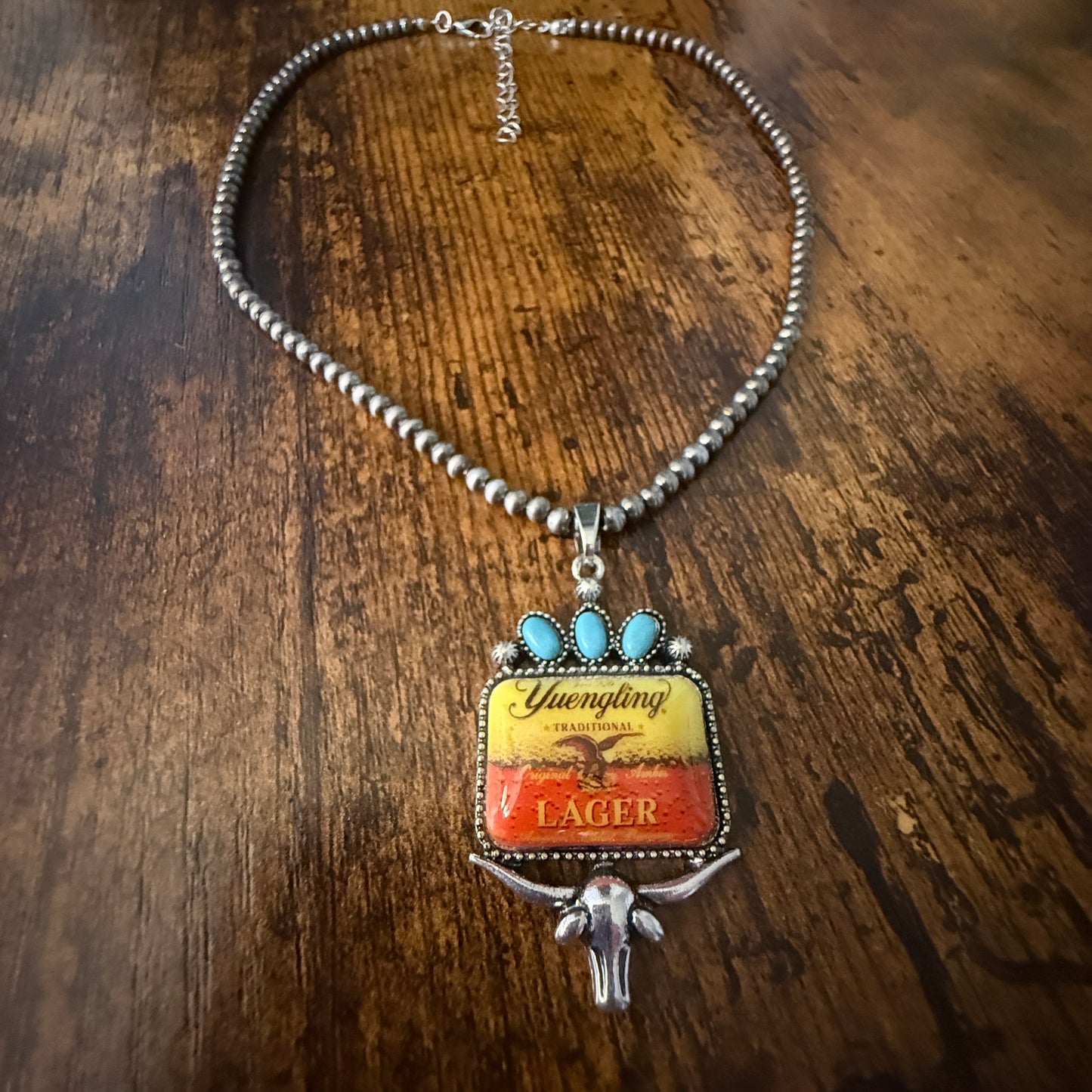 Yuengling Beer Cowgirl Western 4mm Silver Pearl Beads Choker Necklace