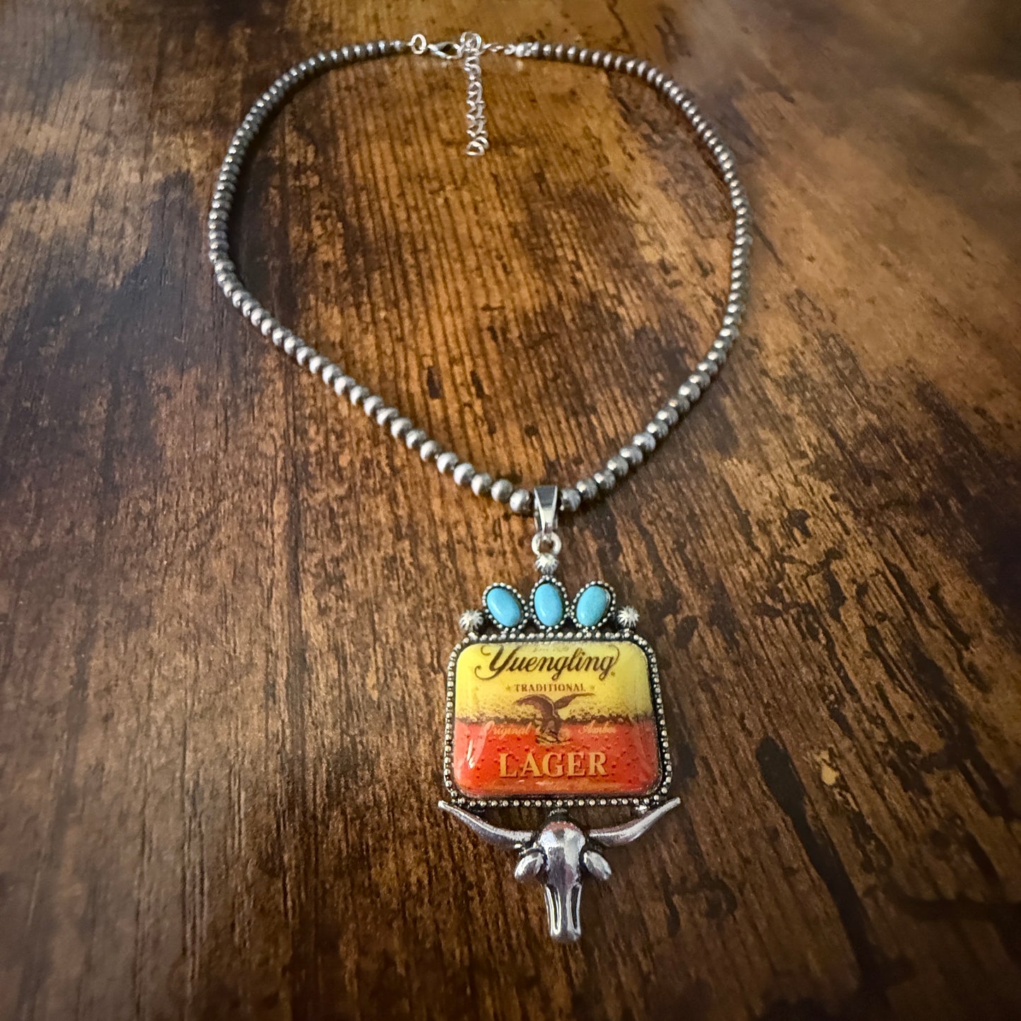 Yuengling Beer Cowgirl Western 4mm Silver Pearl Beads Choker Necklace