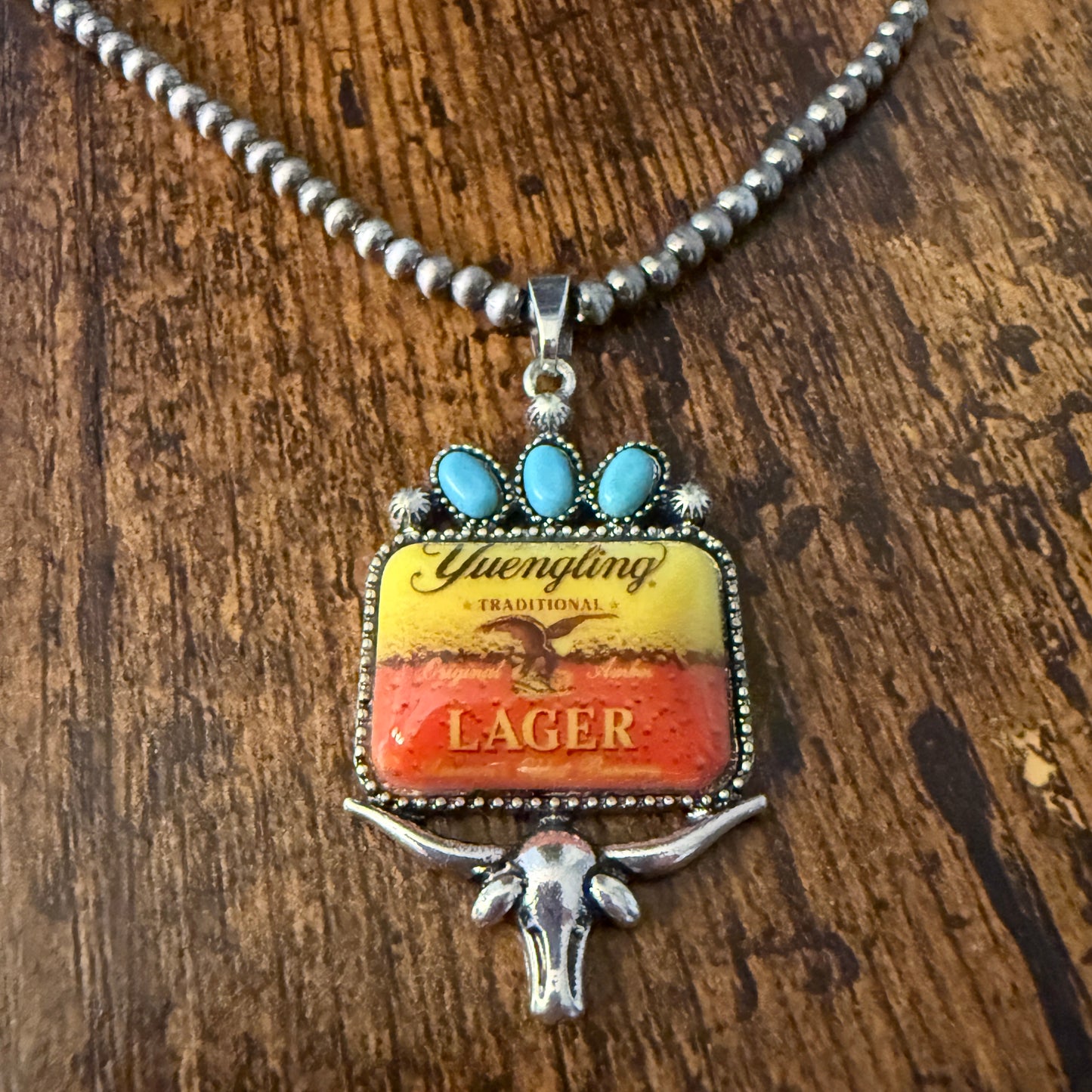 Yuengling Beer Cowgirl Western 4mm Silver Pearl Beads Choker Necklace