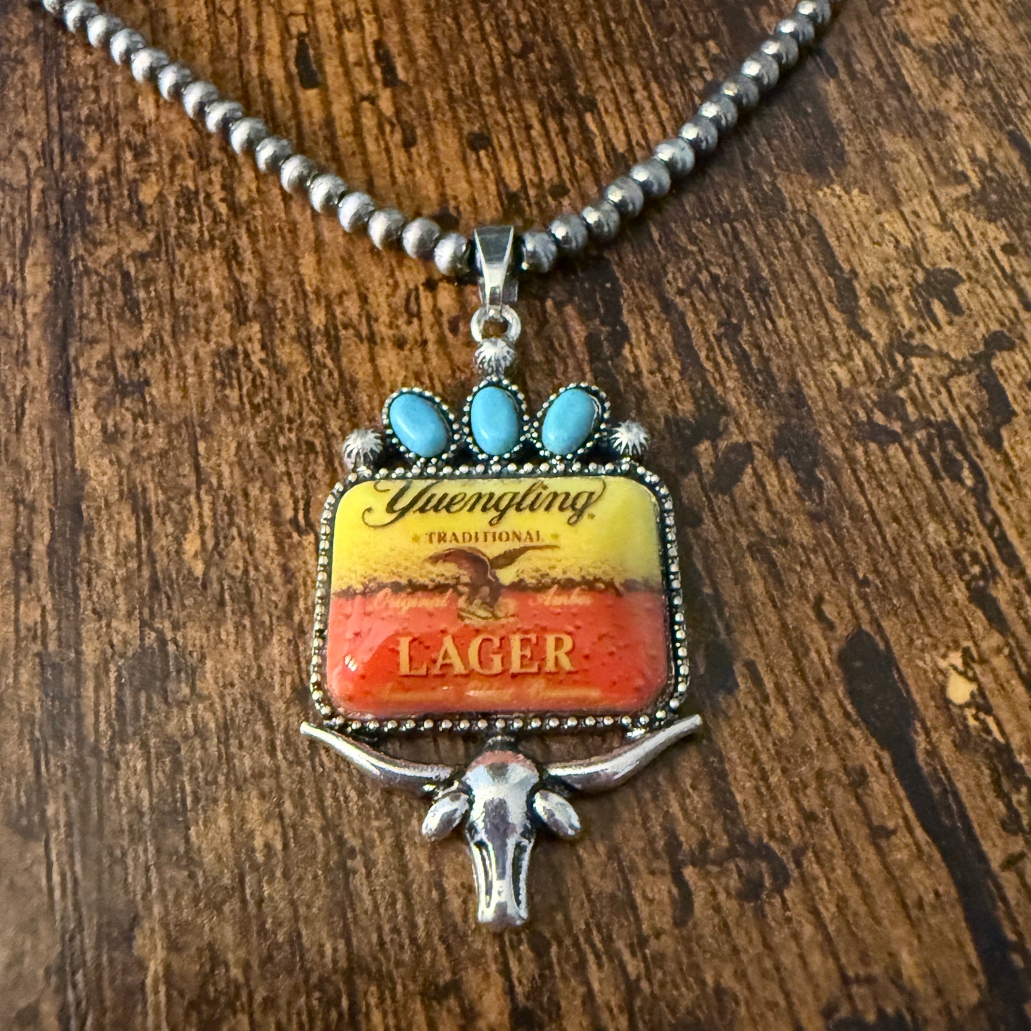 Yuengling Beer Cowgirl Western 4mm Silver Pearl Beads Choker Necklace