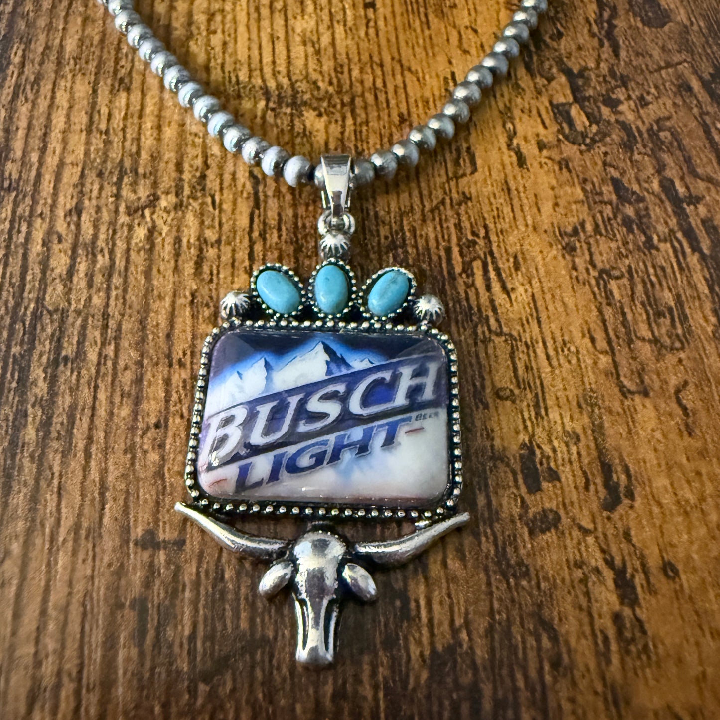 South Western Cowgirls Busch Light Silver Pearl Choker Pendant Necklace