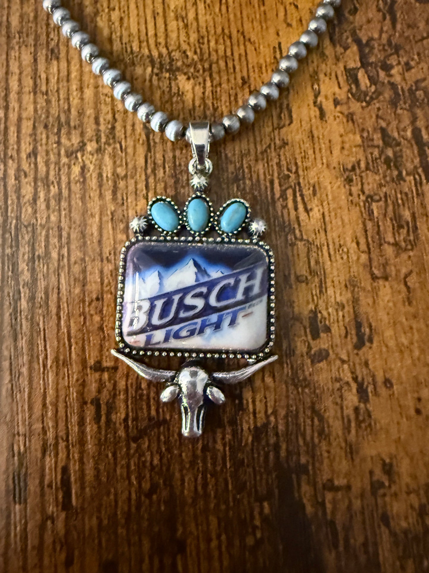 South Western Cowgirls Busch Light Silver Pearl Choker Pendant Necklace