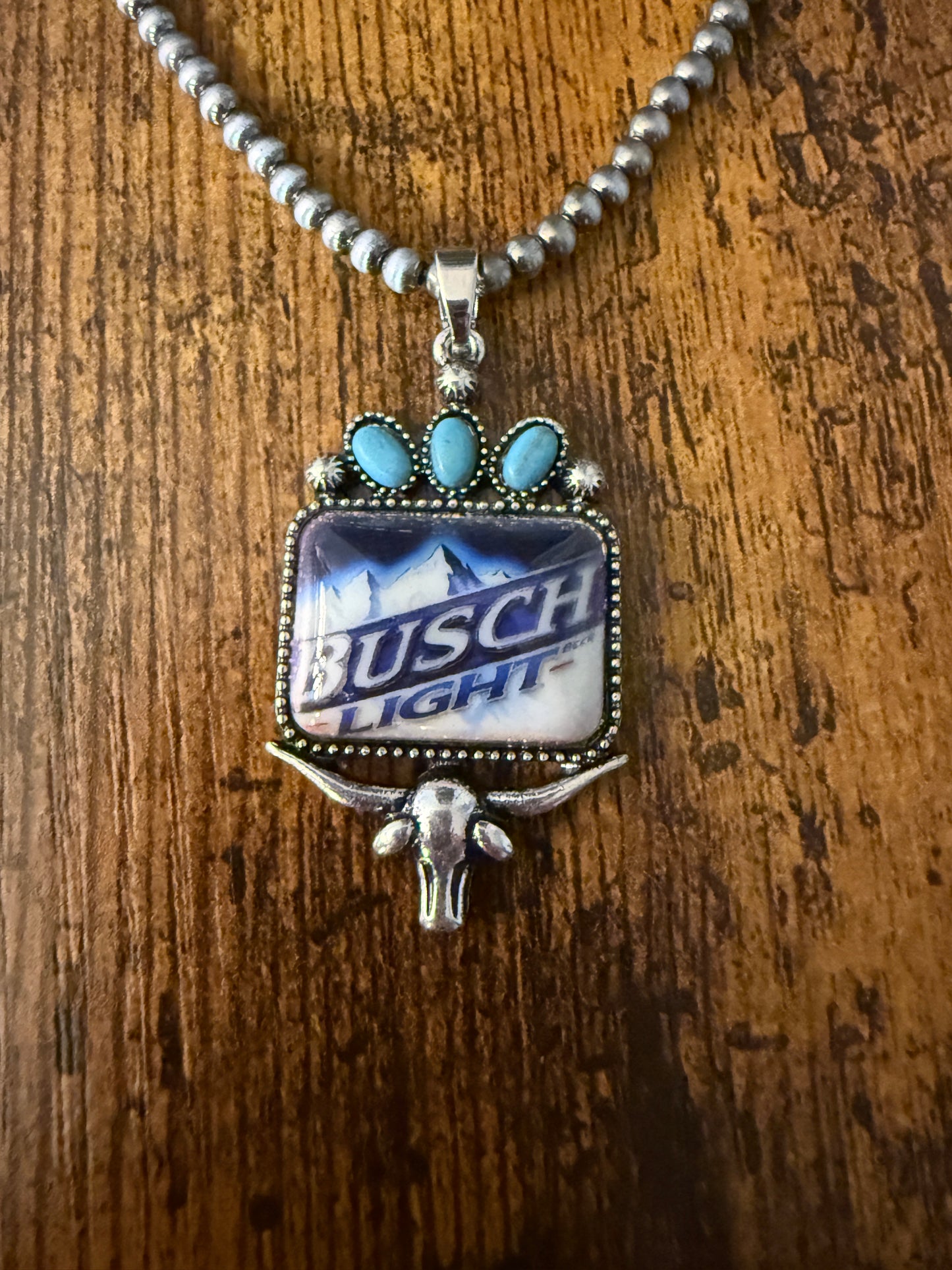 South Western Cowgirls Busch Light Silver Pearl Choker Pendant Necklace