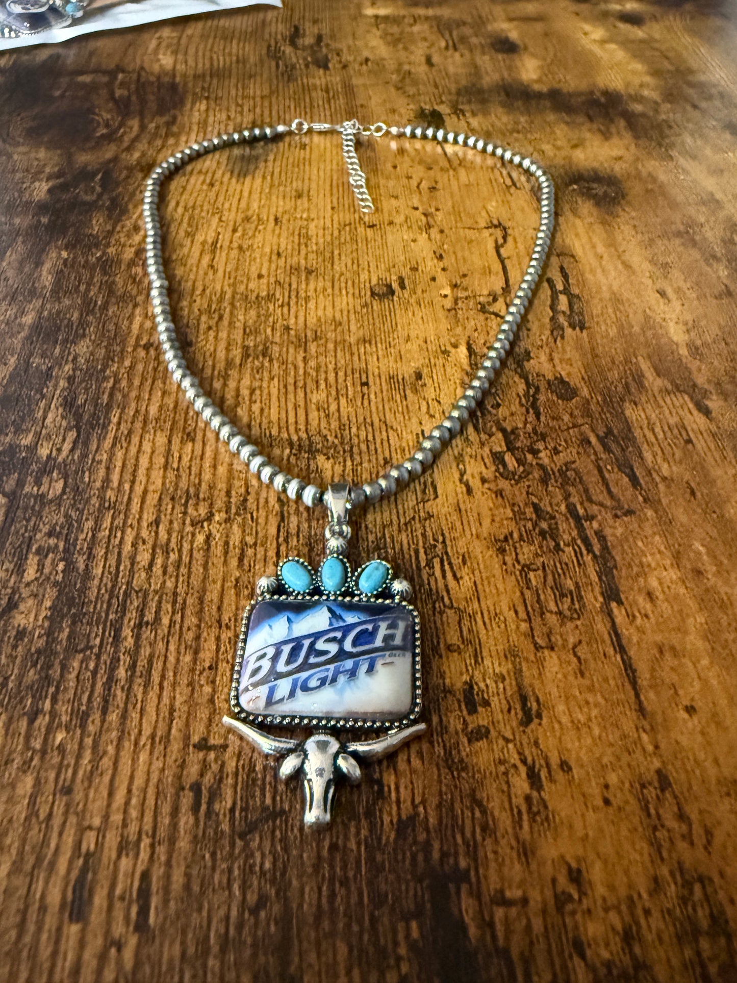 South Western Cowgirls Busch Light Silver Pearl Choker Pendant Necklace