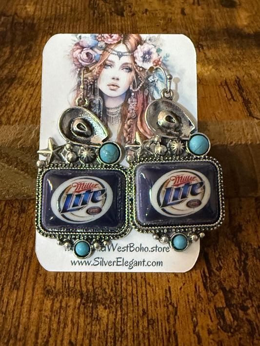 Western Cowgirl Miller Light Beer Drop Wire Earrings Mixed Metals