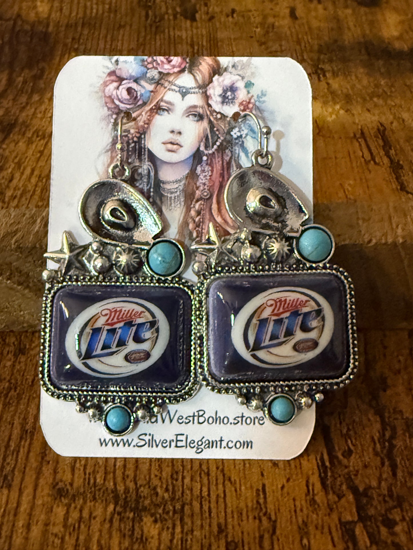 Western Cowgirl Miller Light Beer Drop Wire Earrings Mixed Metals