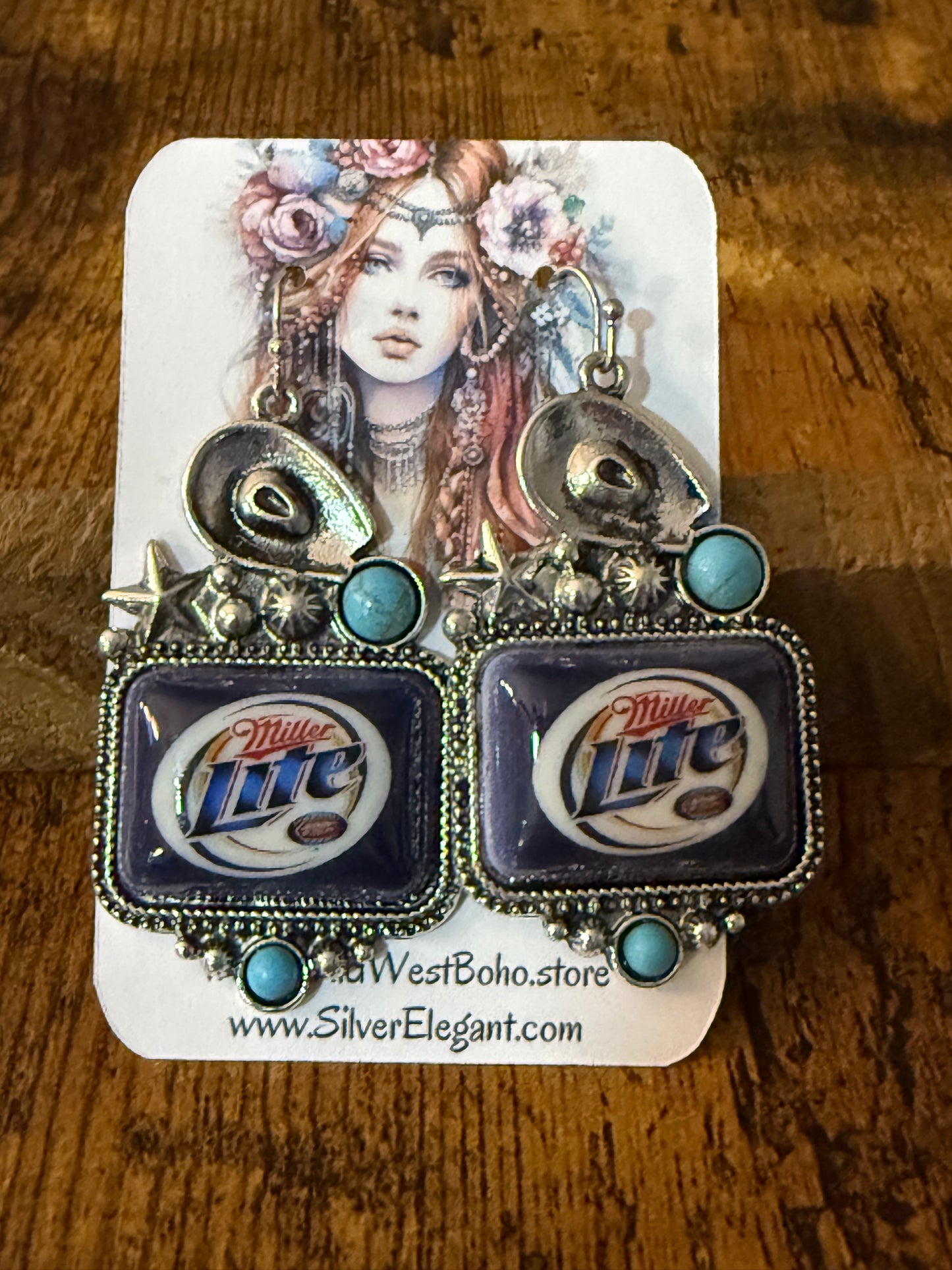 Western Cowgirl Miller Light Beer Drop Wire Earrings Mixed Metals