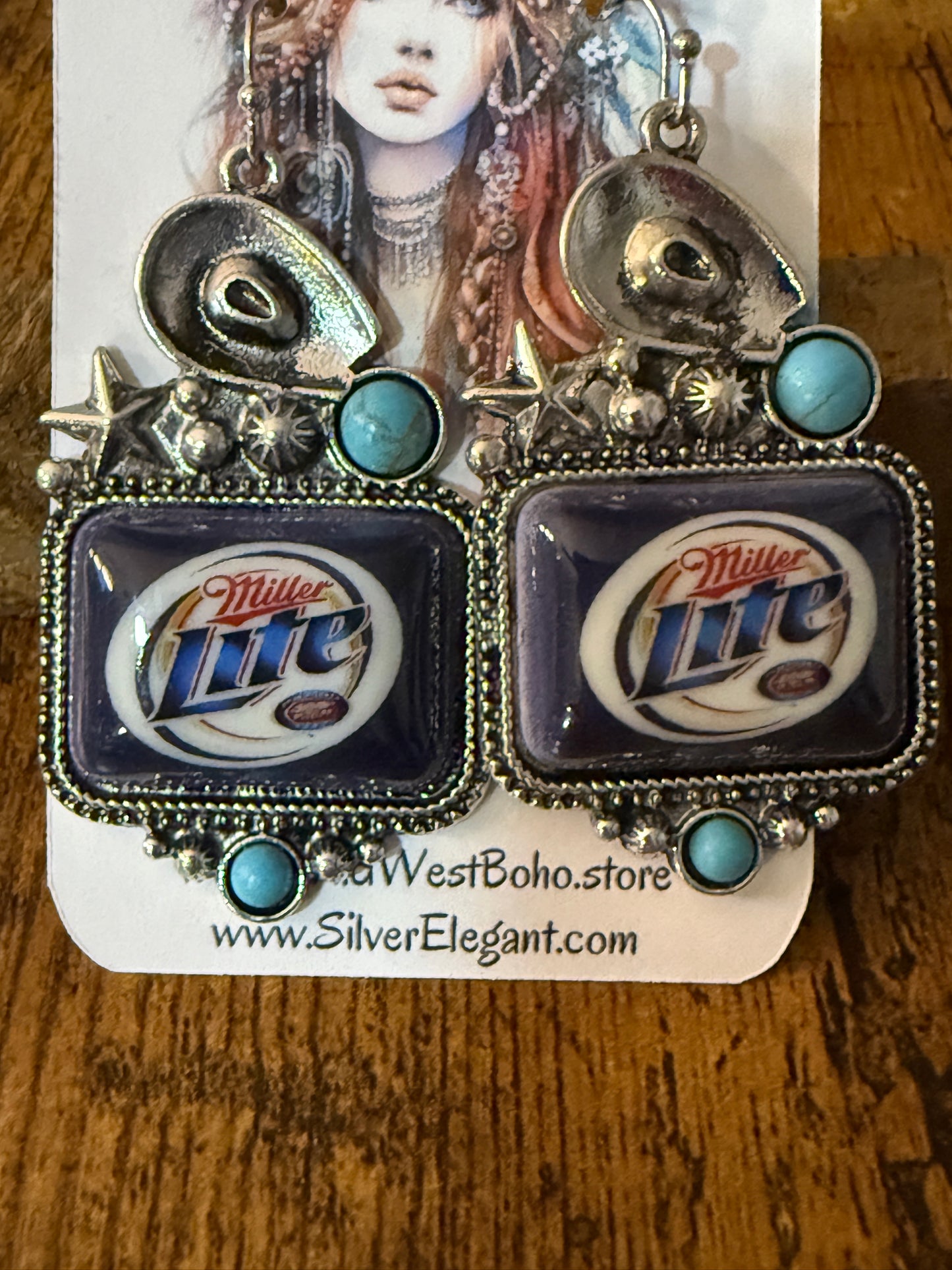 Western Cowgirl Miller Light Beer Drop Wire Earrings Mixed Metals