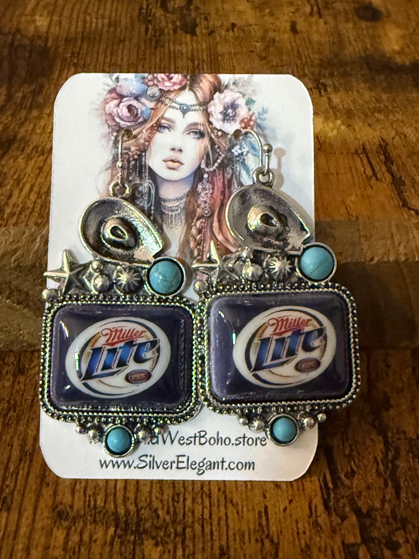 Western Cowgirl Miller Light Beer Drop Wire Earrings Mixed Metals