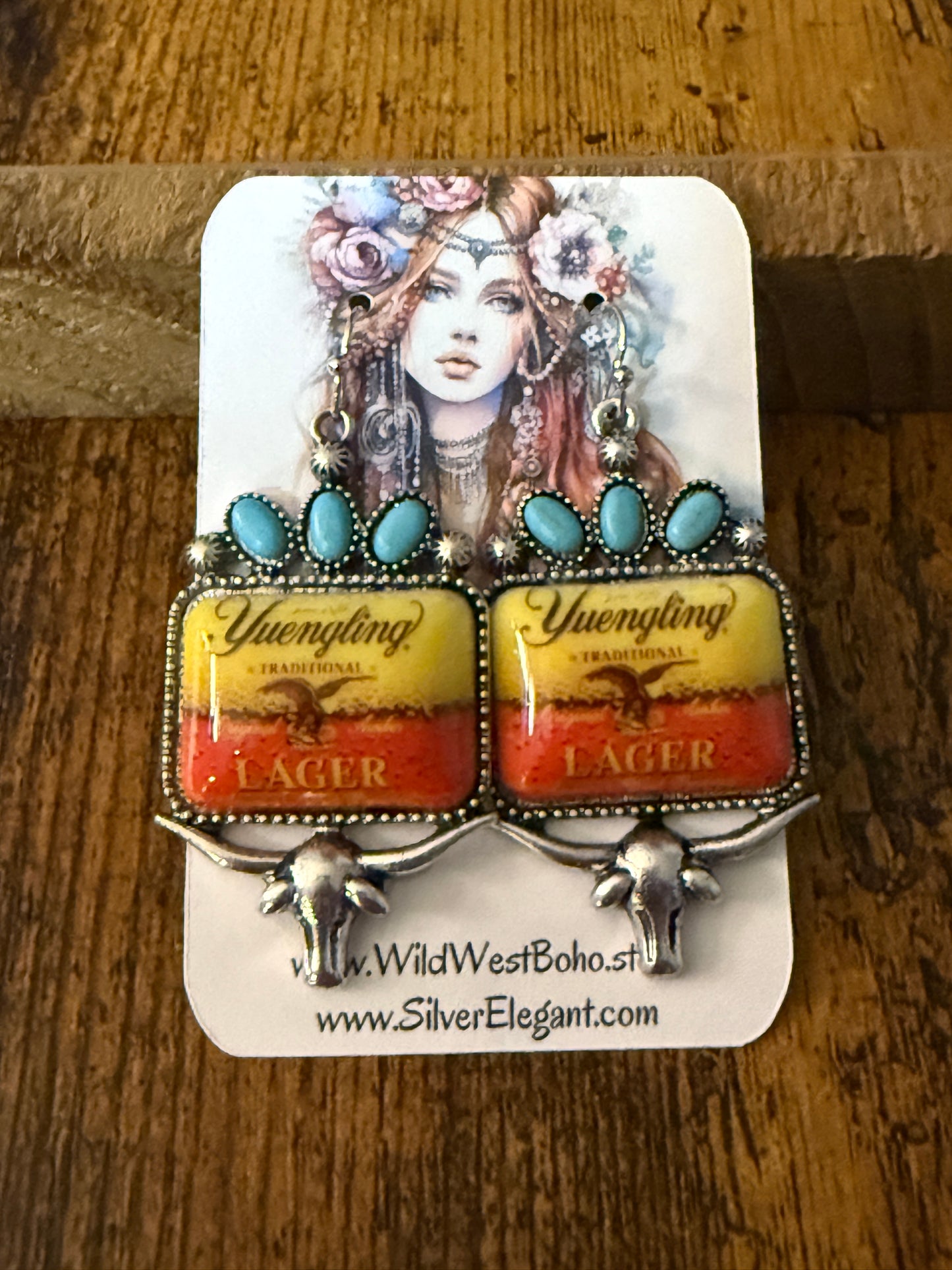 Western Cowgirl Yuengling Lager Drop Wire Earrings Mixed Metals