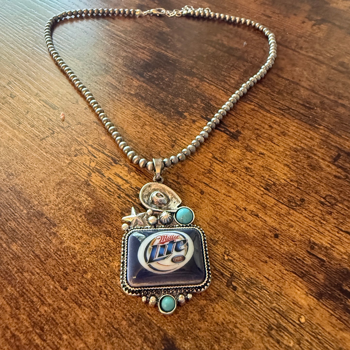 Southwestern Cowgirl Miller Lite Beer Silver Pearl Choker Pendant Necklace