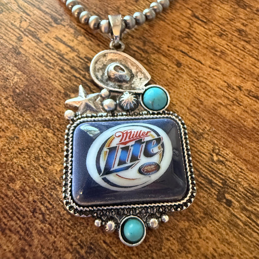 Southwestern Cowgirl Miller Lite Beer Silver Pearl Choker Pendant Necklace