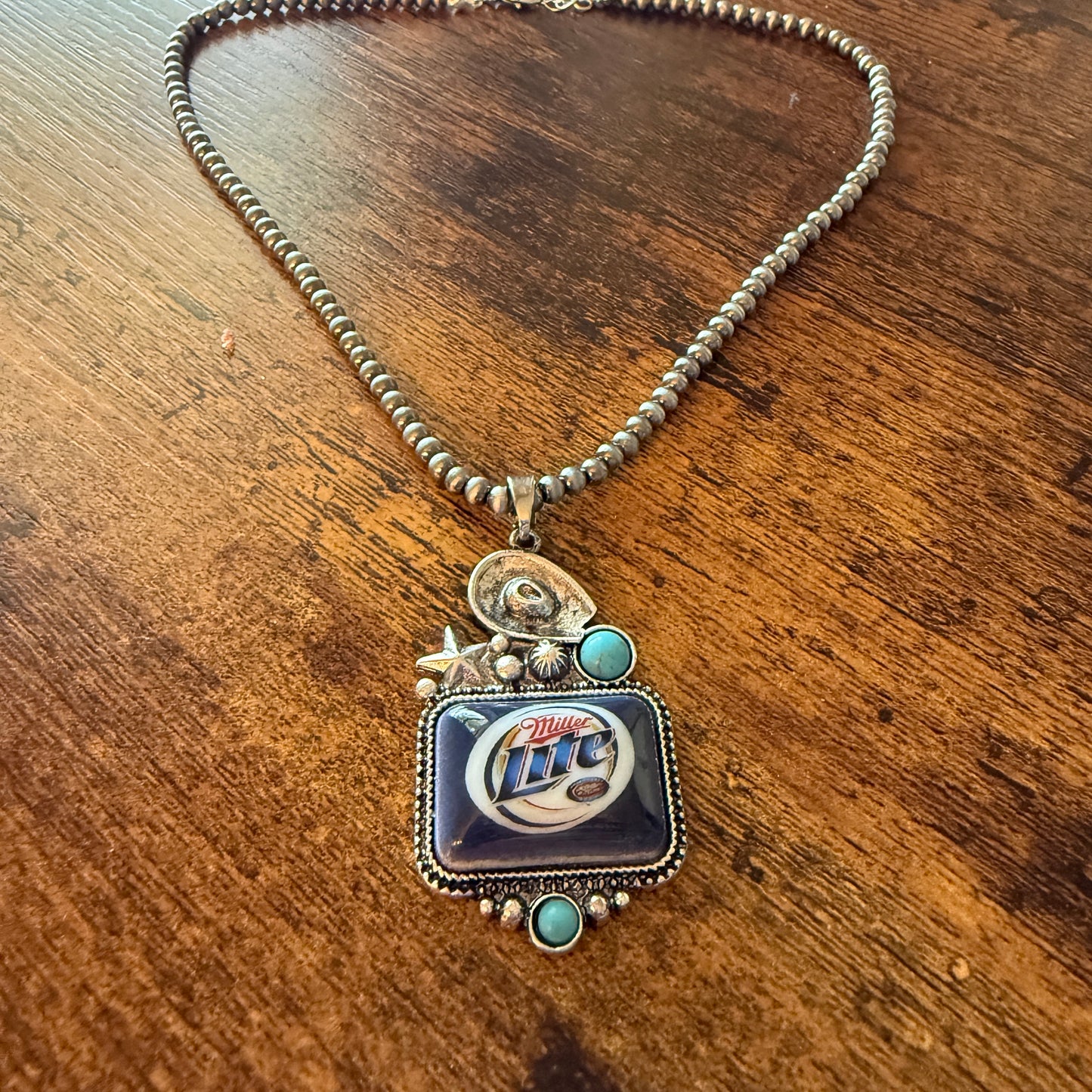 Southwestern Cowgirl Miller Lite Beer Silver Pearl Choker Pendant Necklace