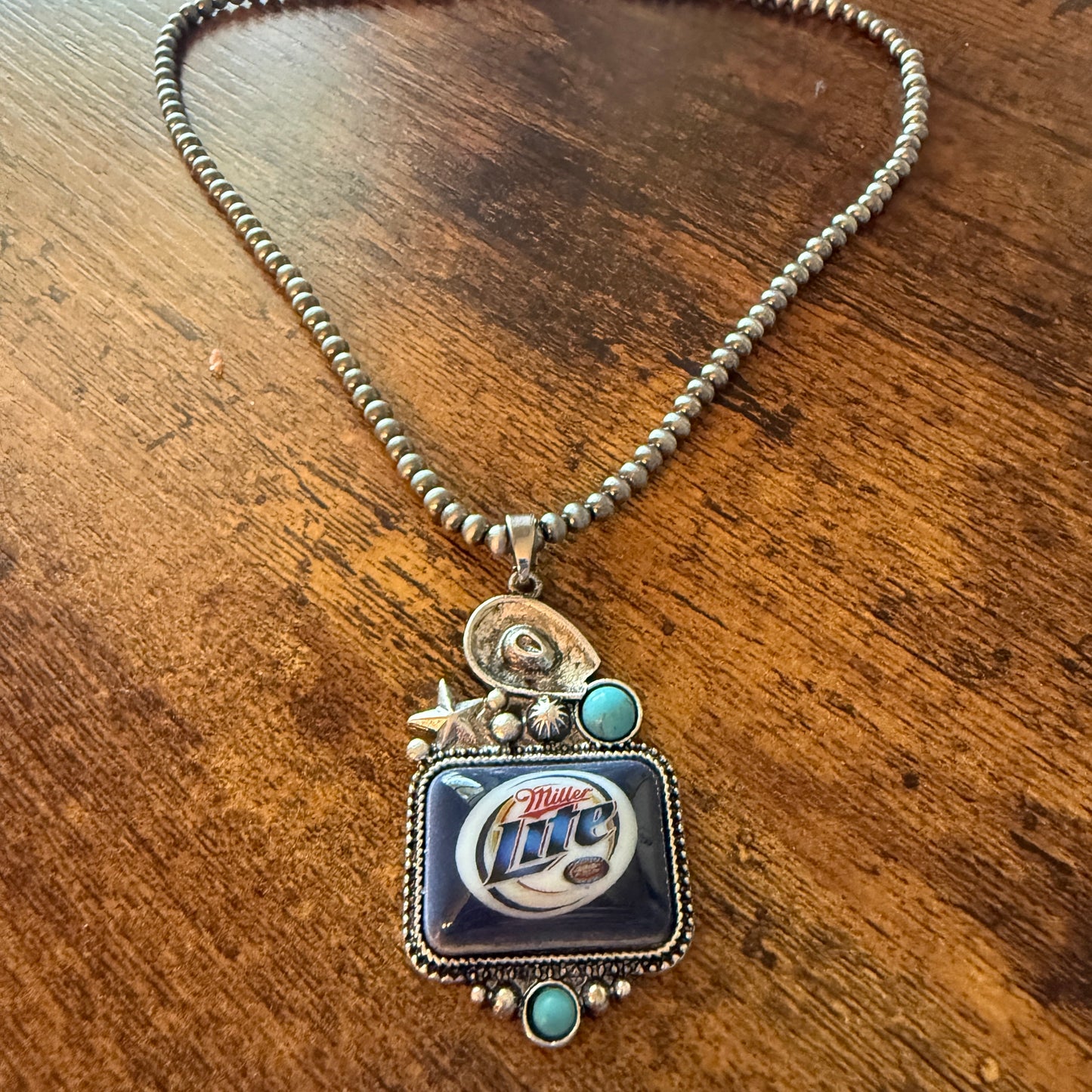 Southwestern Cowgirl Miller Lite Beer Silver Pearl Choker Pendant Necklace